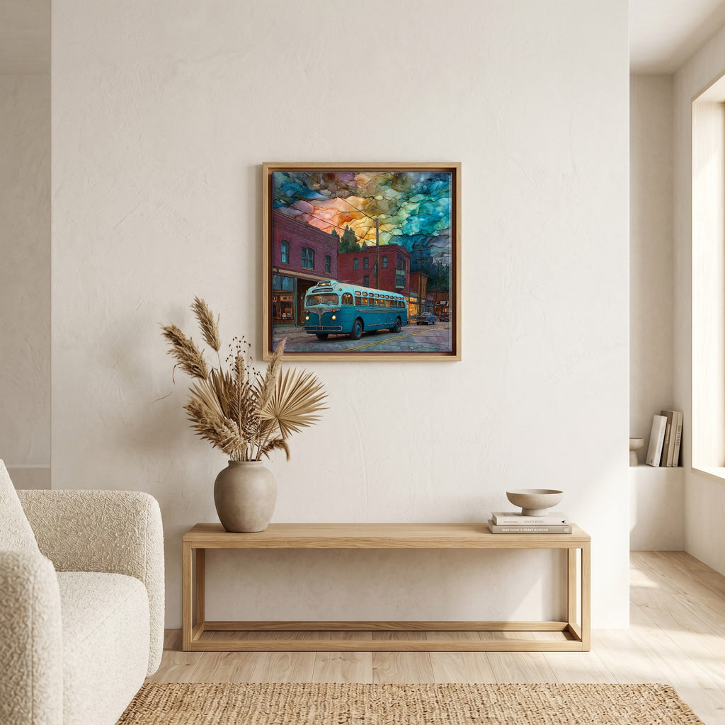 In the living room, above the sofa.