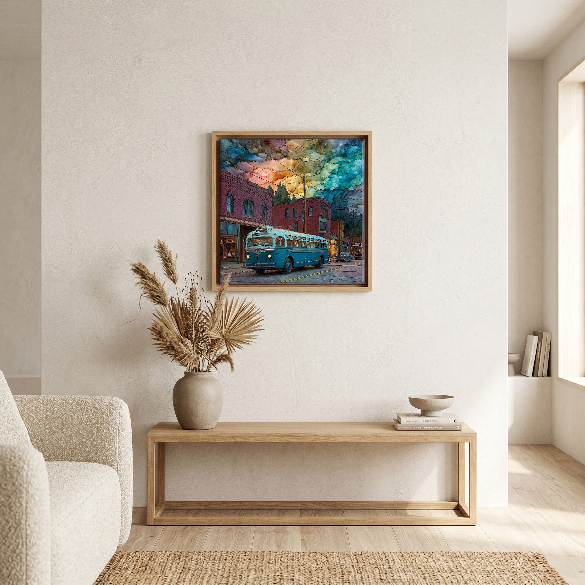 In the living room, above the sofa.