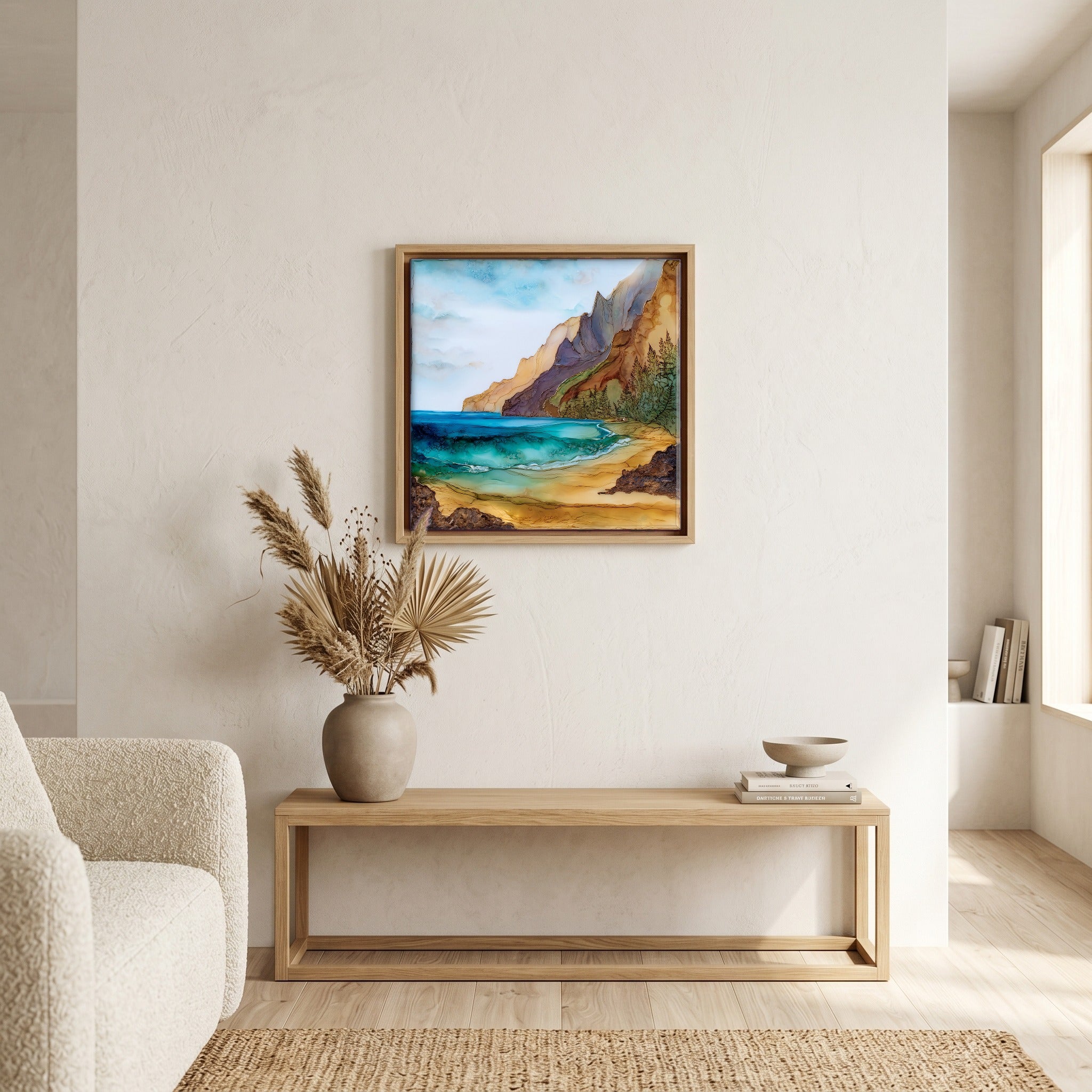 Above the bench, in a warm oak surround.