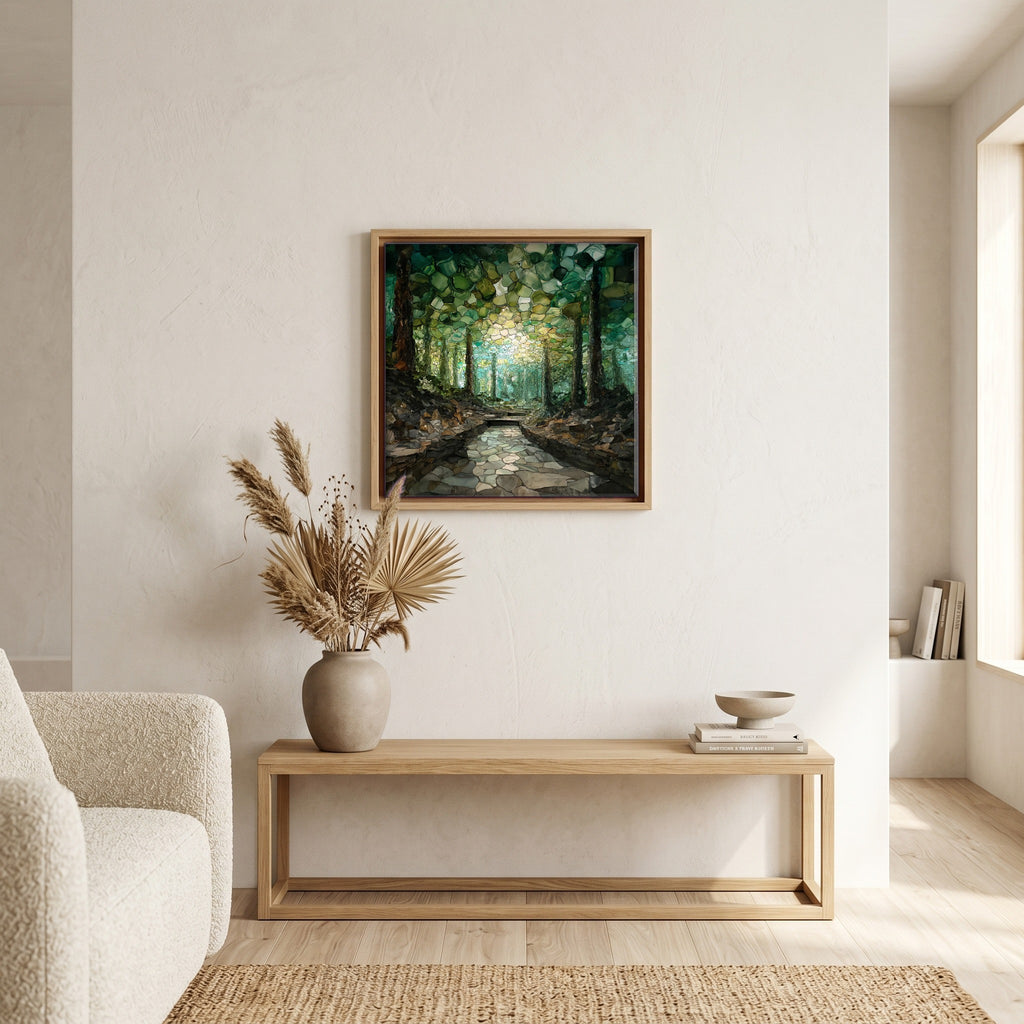 In the living room, above the sofa.