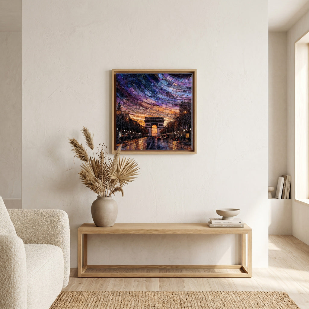 Above the bench, in a warm oak surround.
