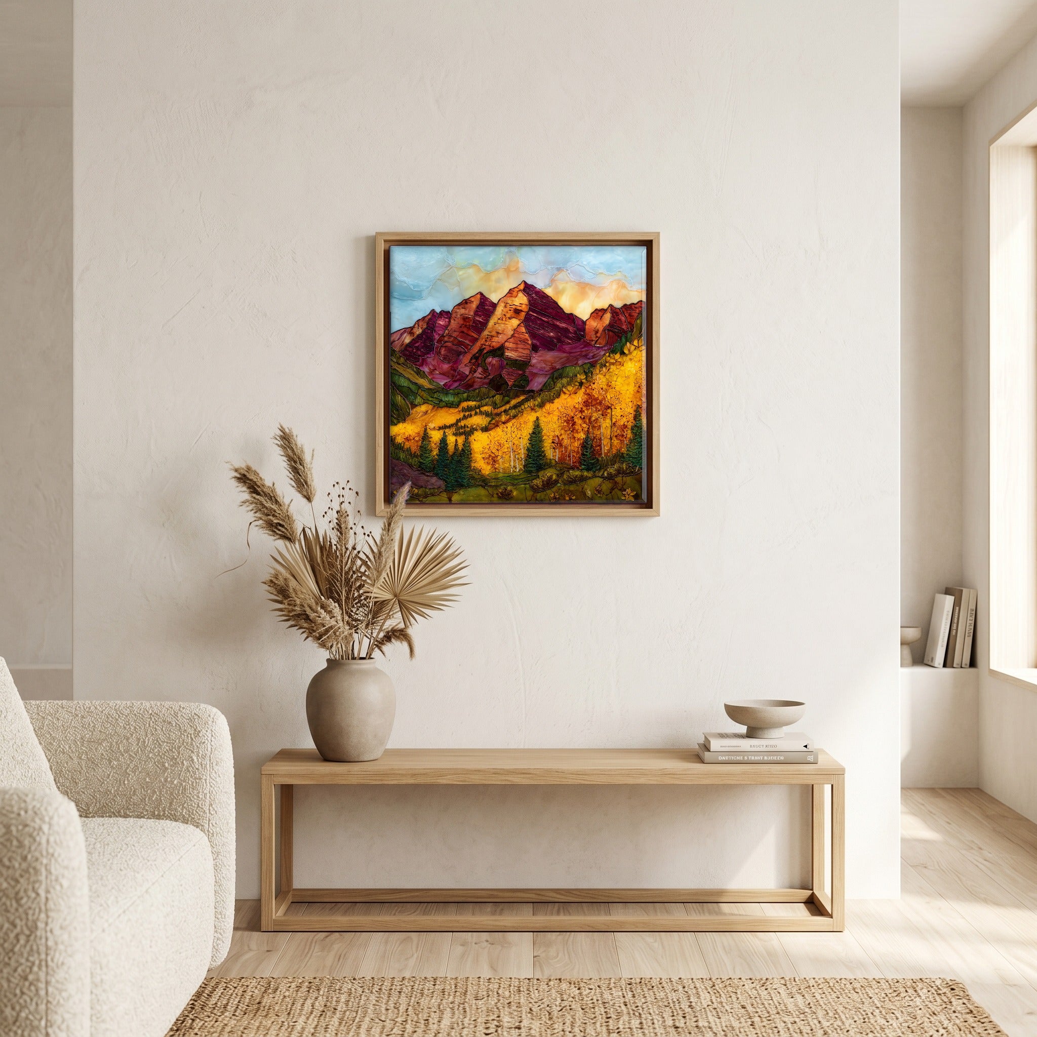 In the living room, above the sofa.