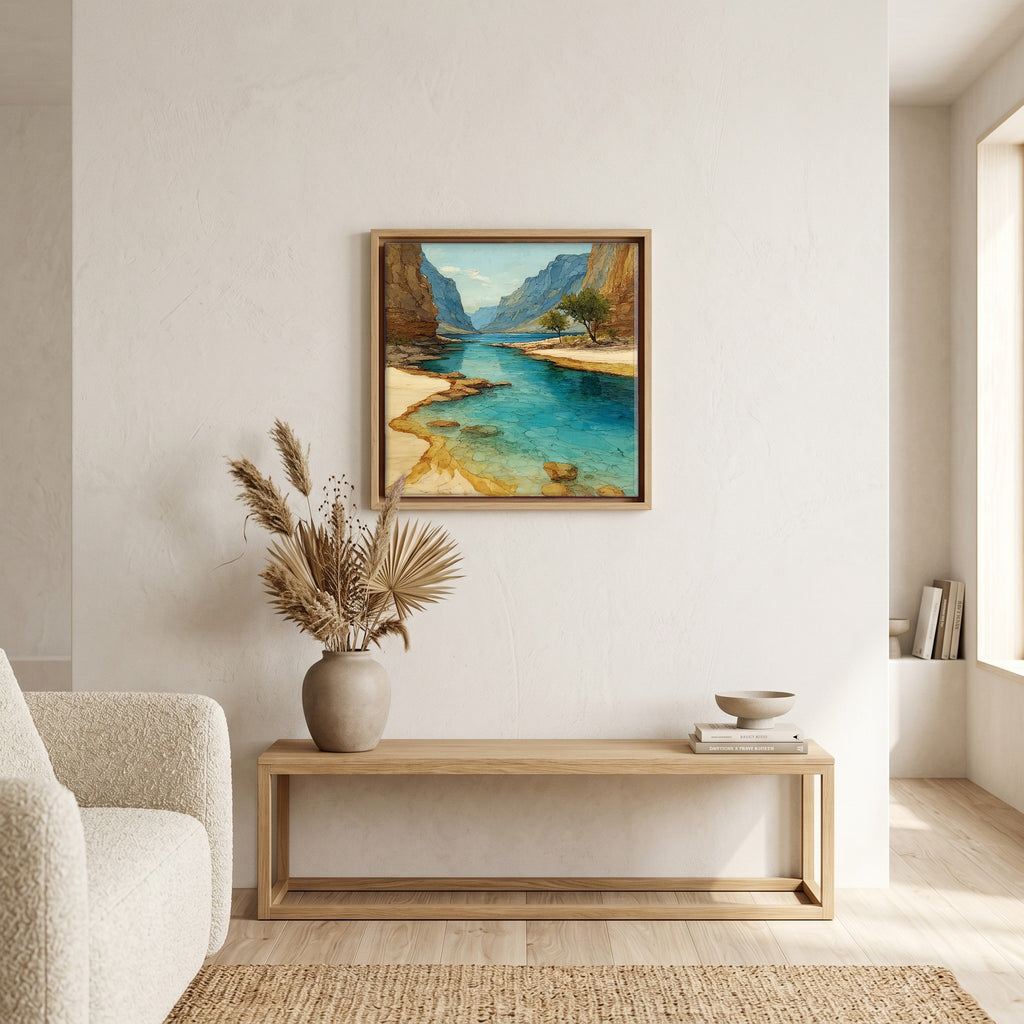 In the living room, above the sofa.