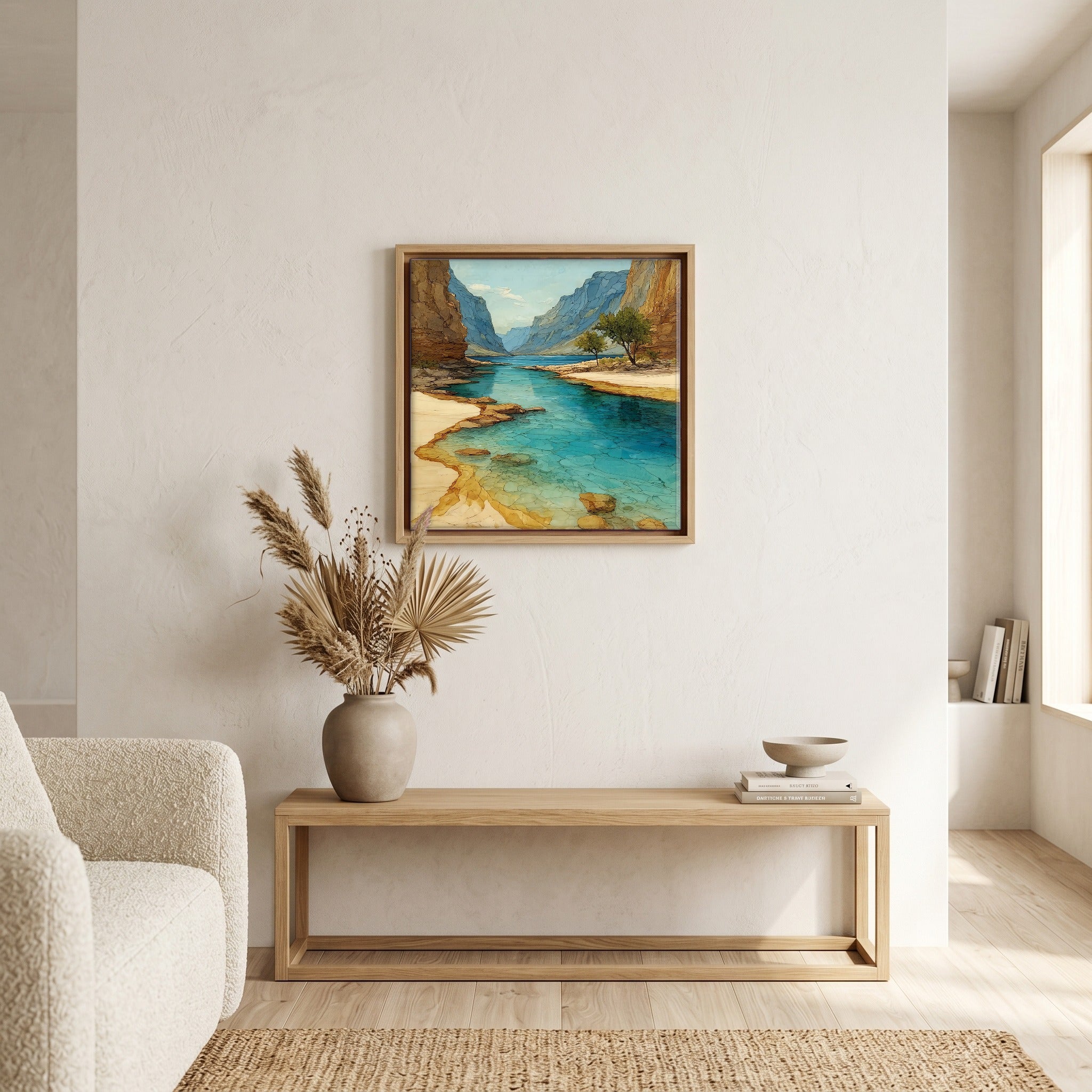 In the living room, above the sofa.