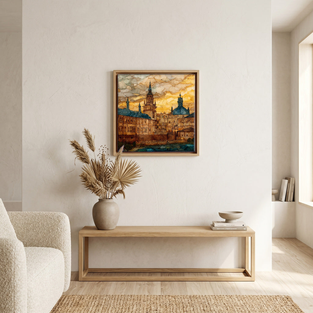 Above the bench, in a warm oak surround.