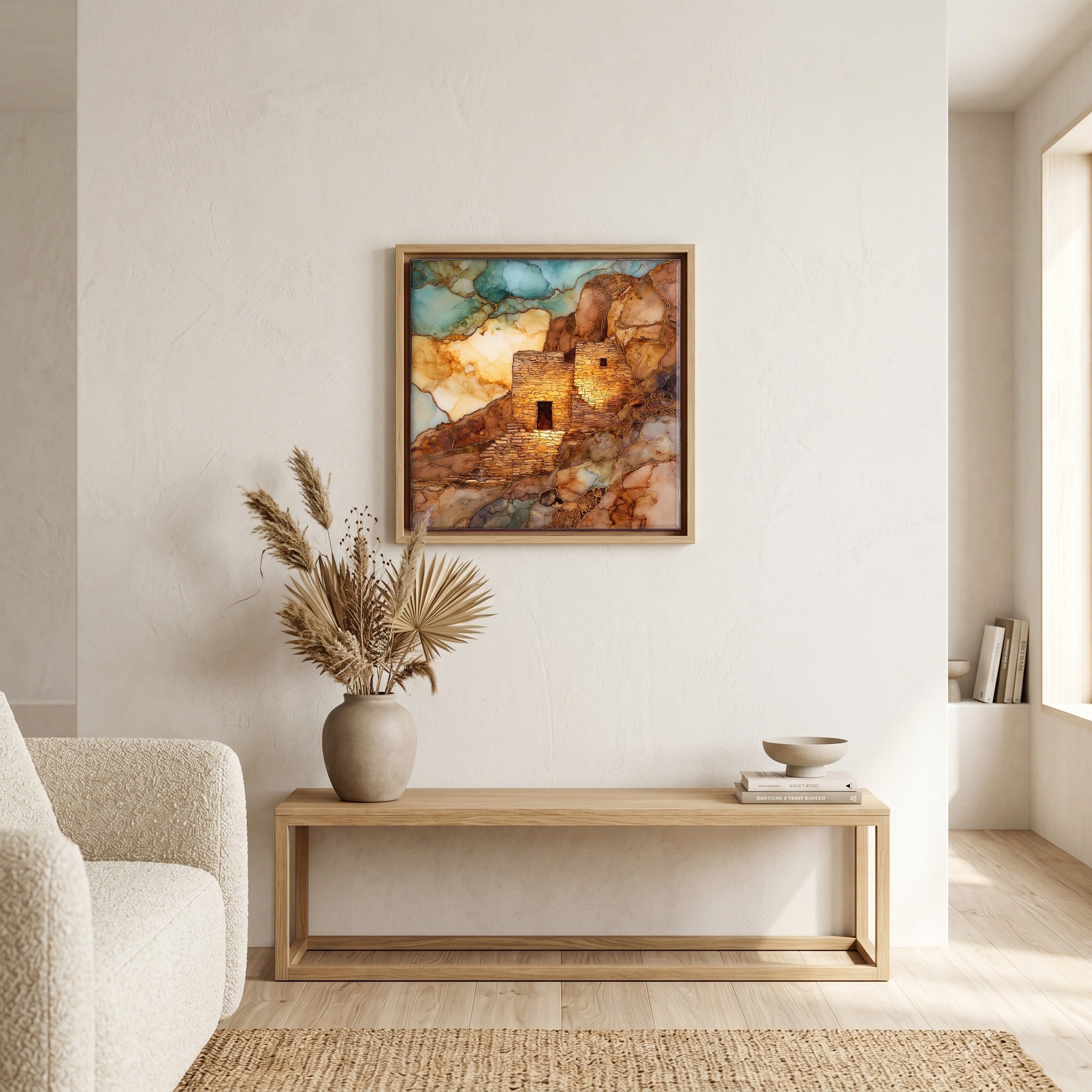 In the living room, above the sofa.