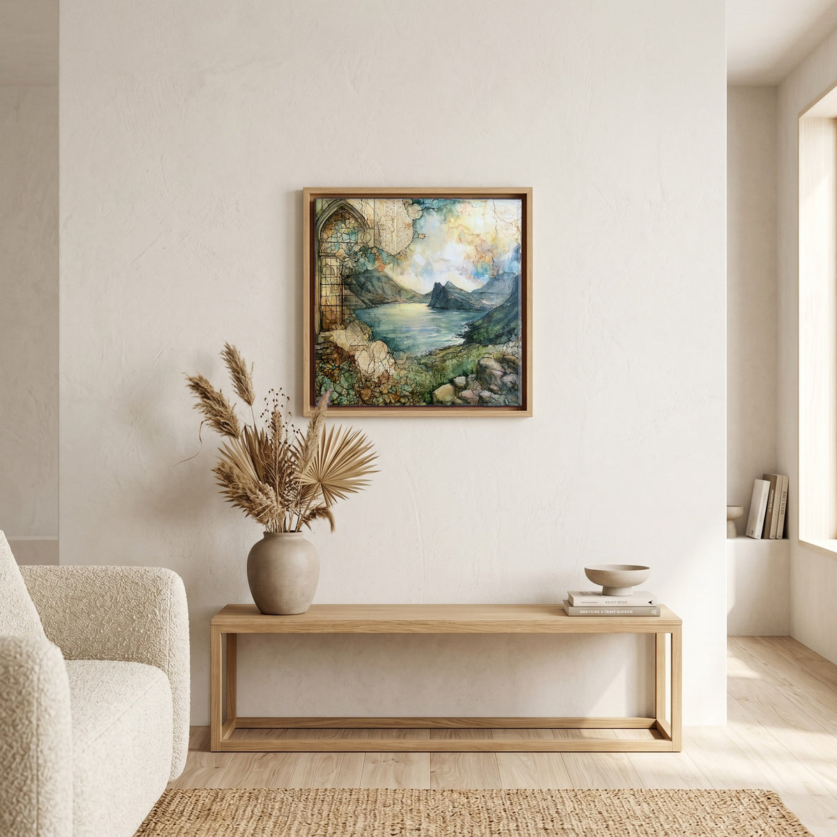 In the living room, above the sofa.
