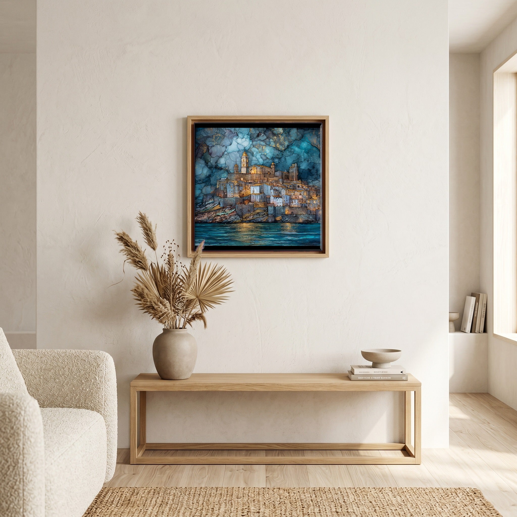 In the living room, above the sofa.