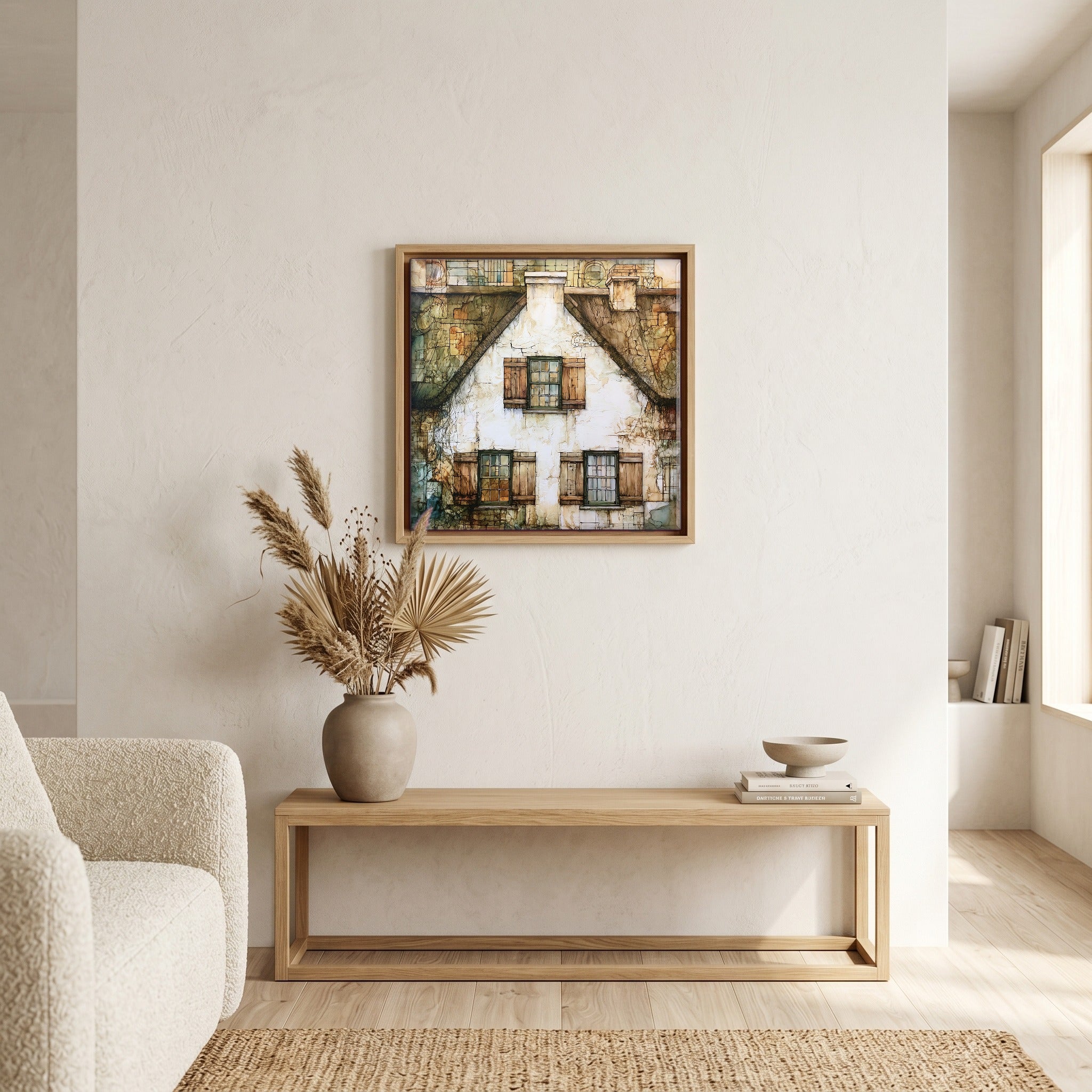 In the living room, above the sofa.