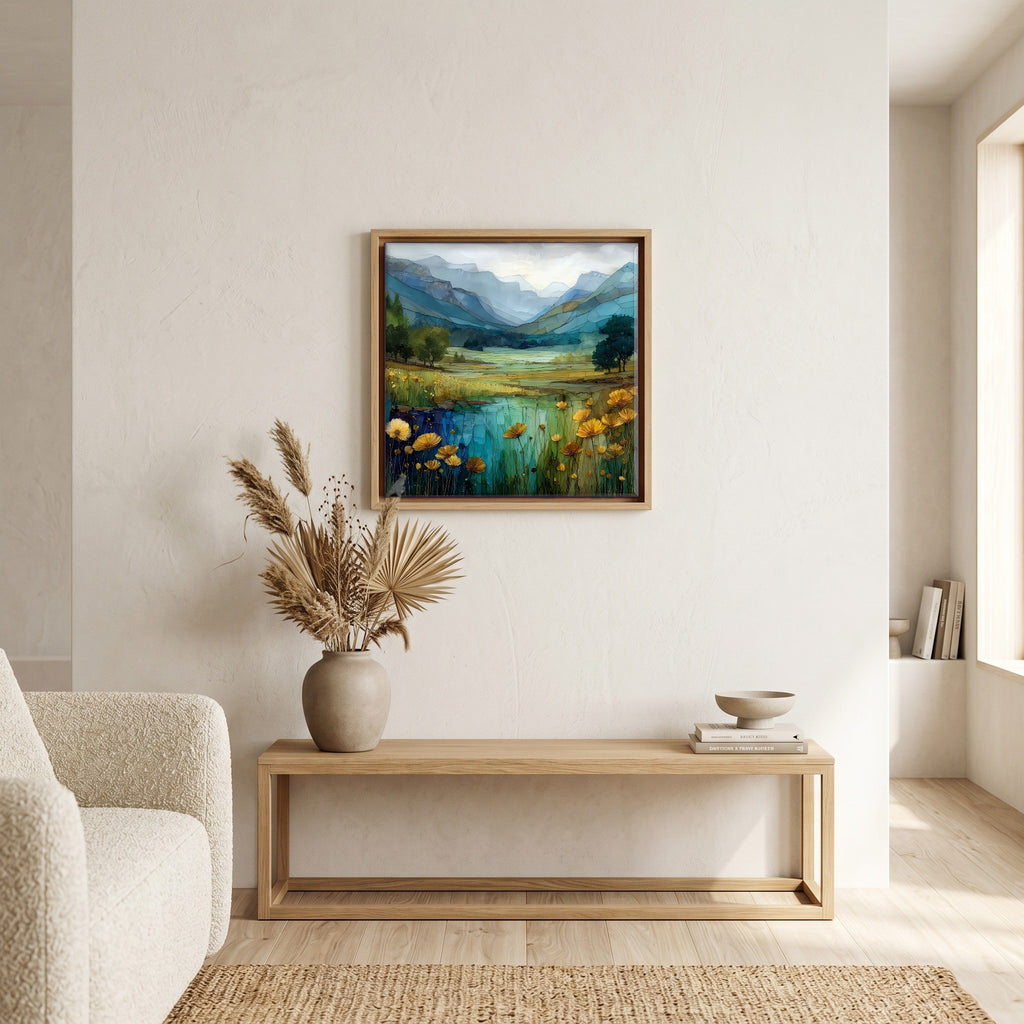 In the living room, above the sofa.