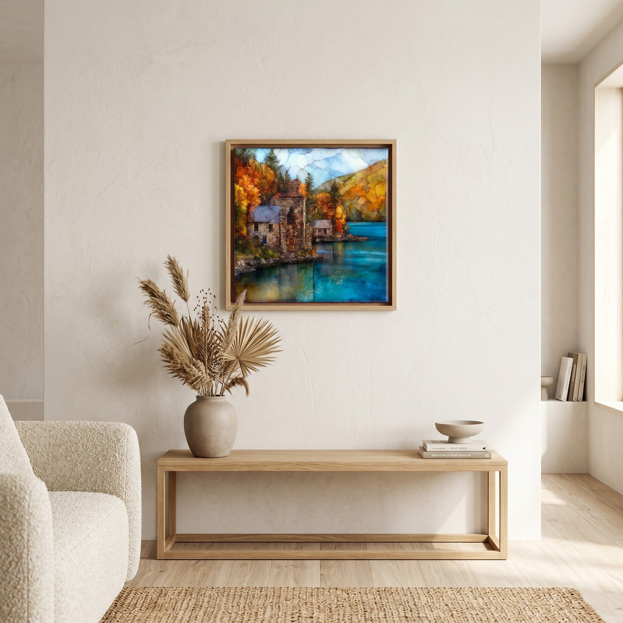In the living room, above the sofa.