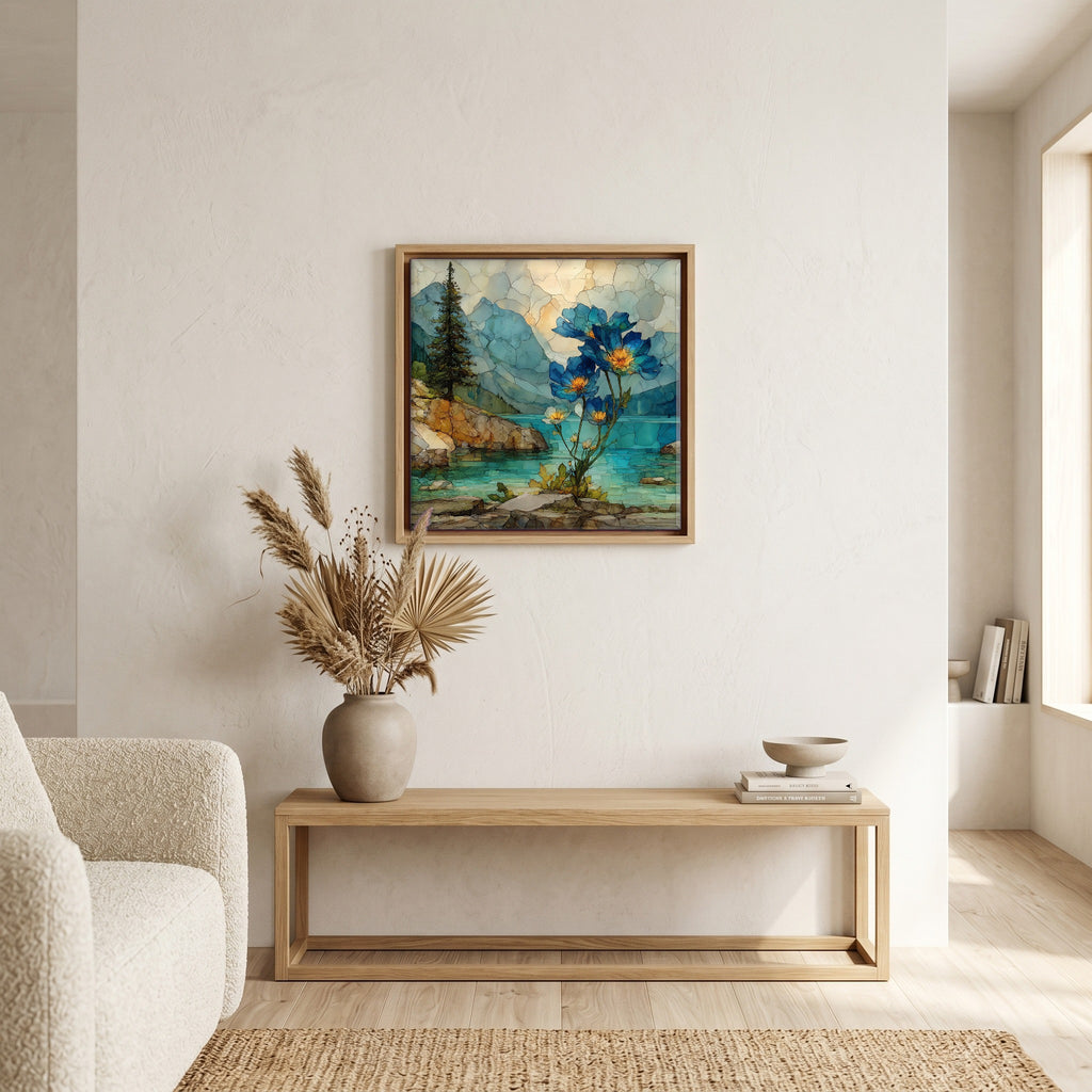In the living room, above the sofa.