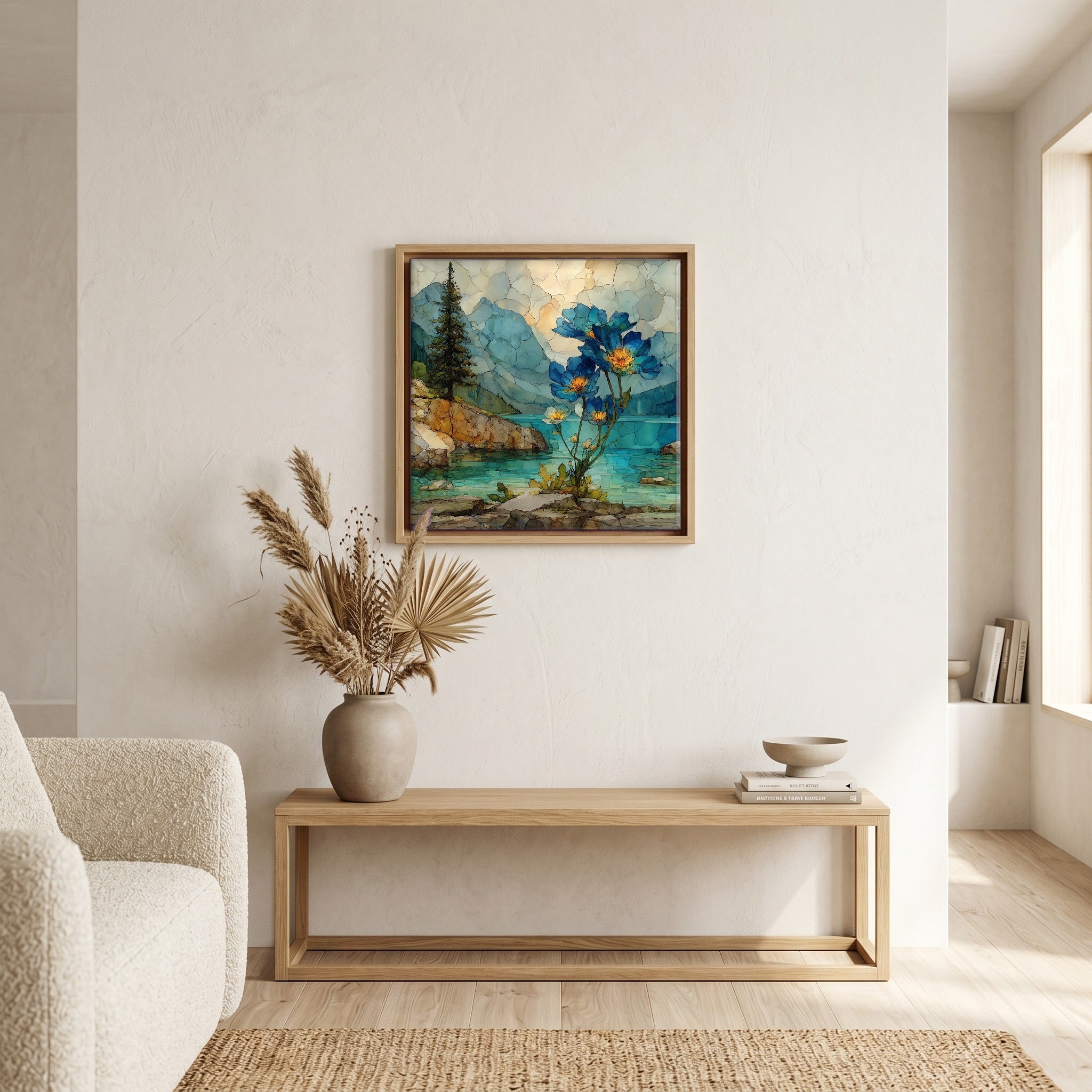 In the living room, above the sofa.