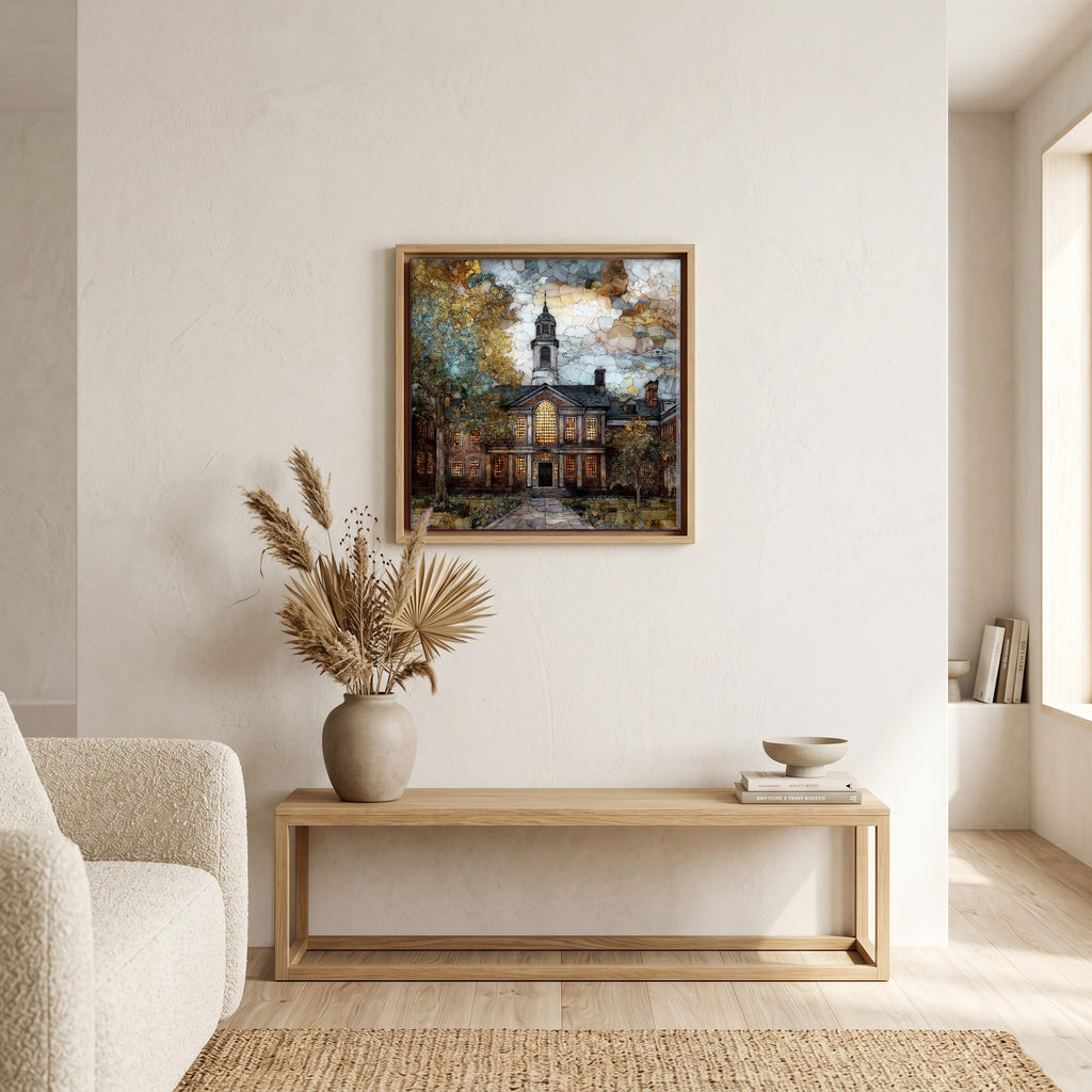 In the living room, above the sofa.