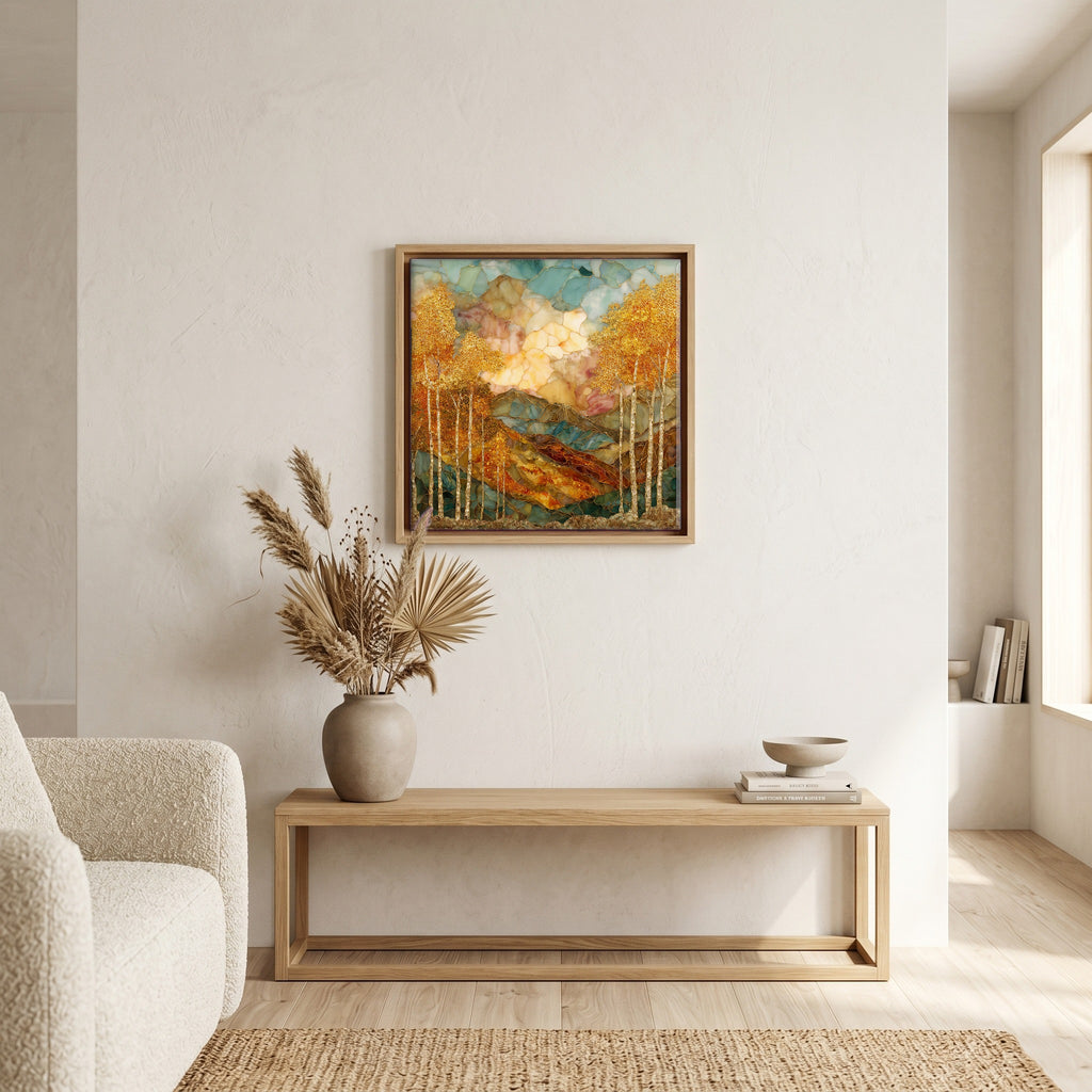 In the living room, above the sofa.