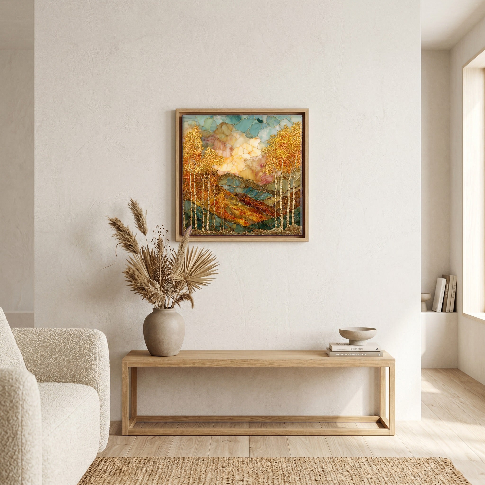 In the living room, above the sofa.