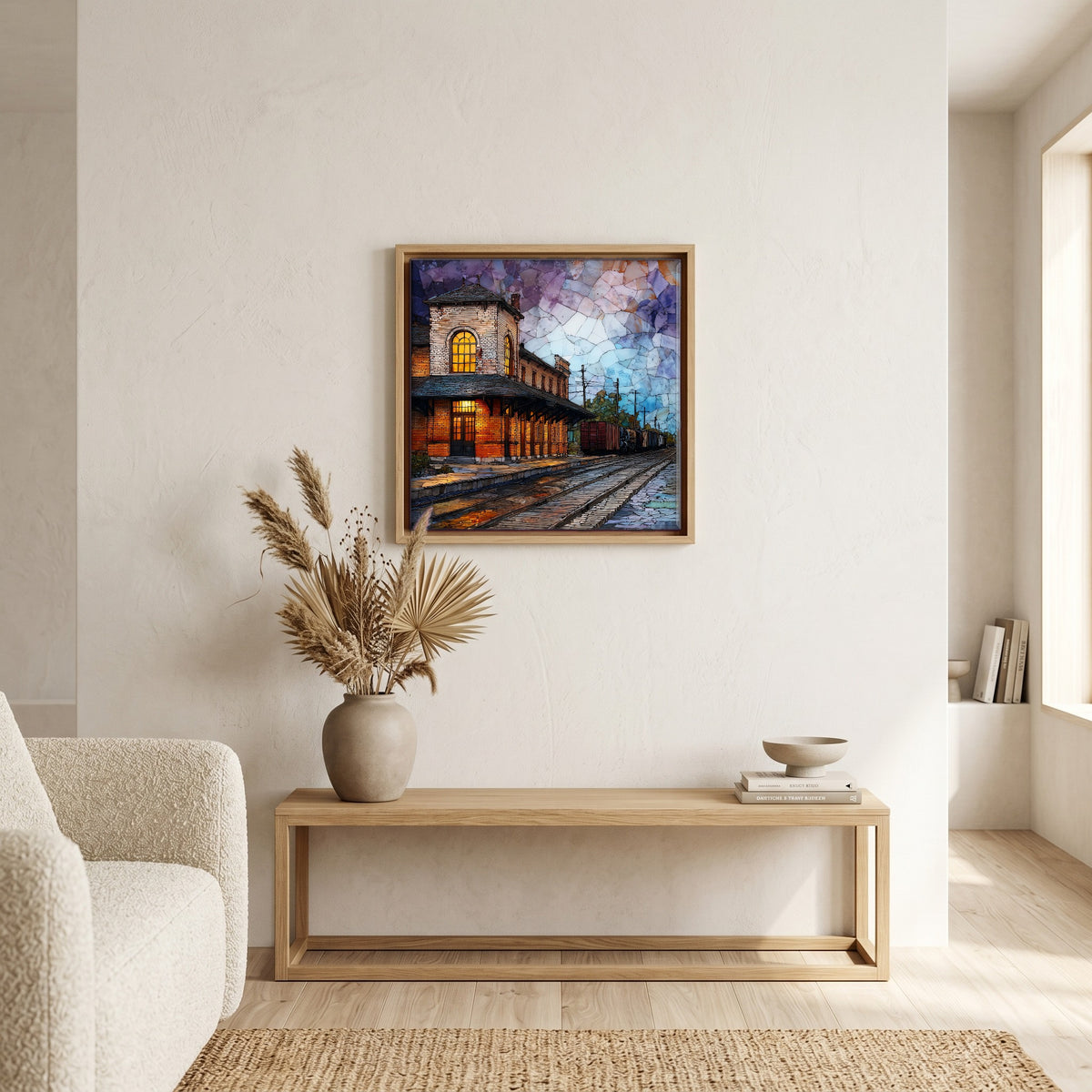 In the living room, above the sofa.