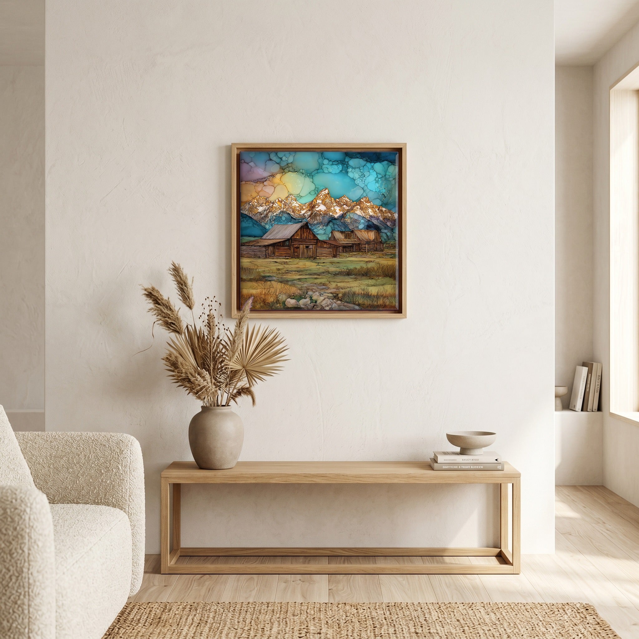 In the living room, above the sofa.