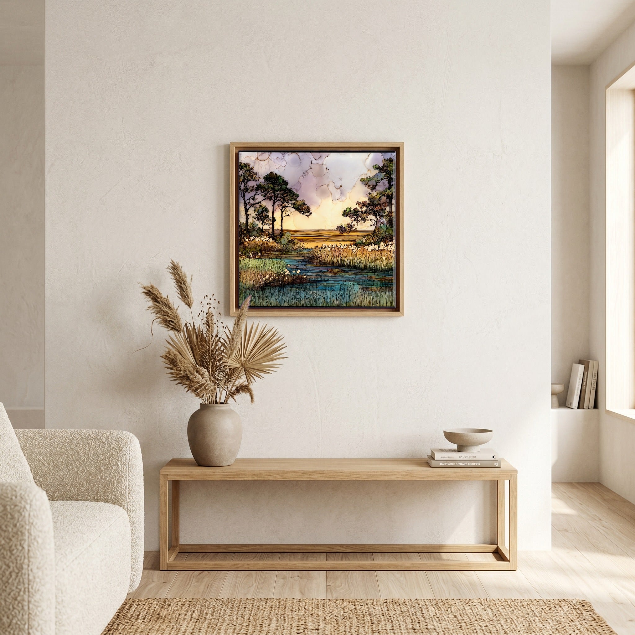 In the living room, above the sofa.