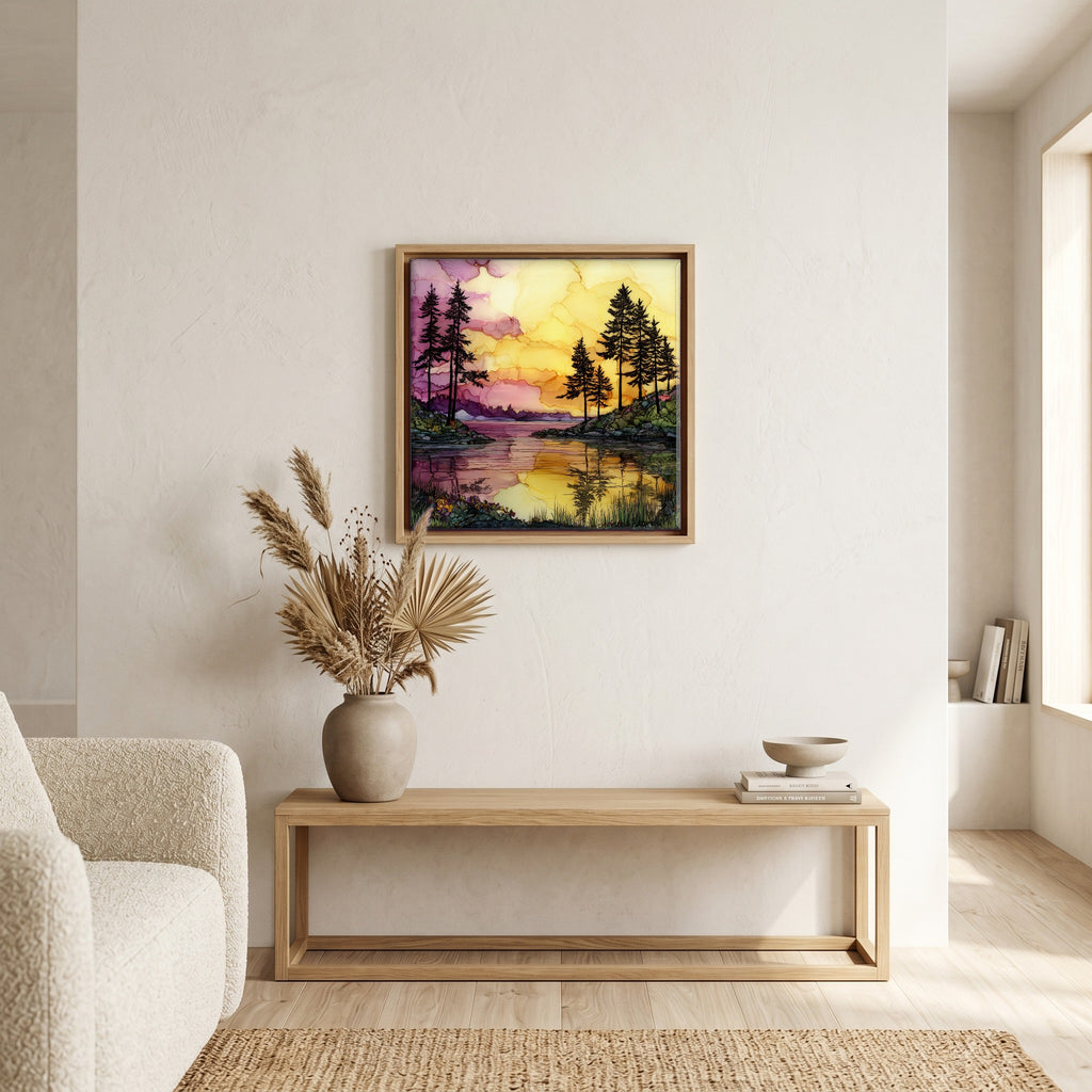 In the living room, above the sofa.