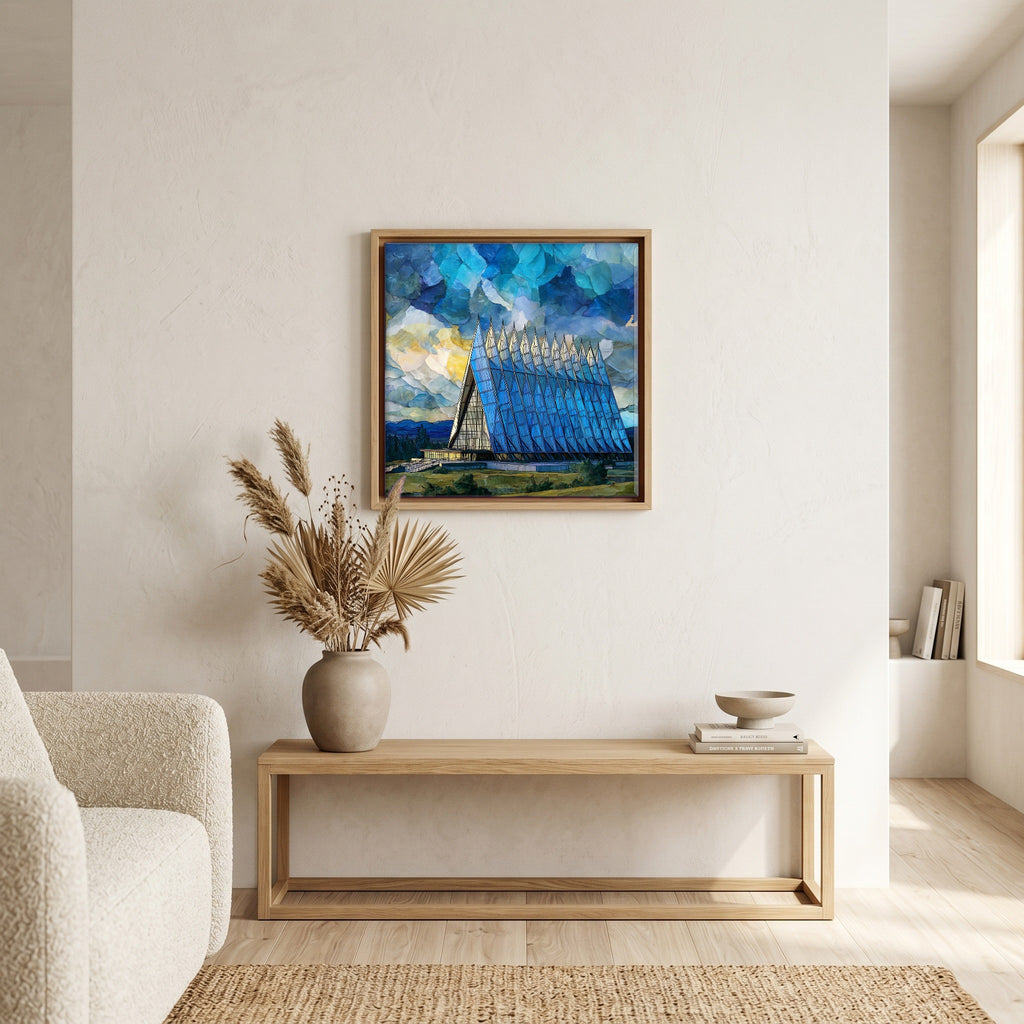 In the living room, above the sofa.