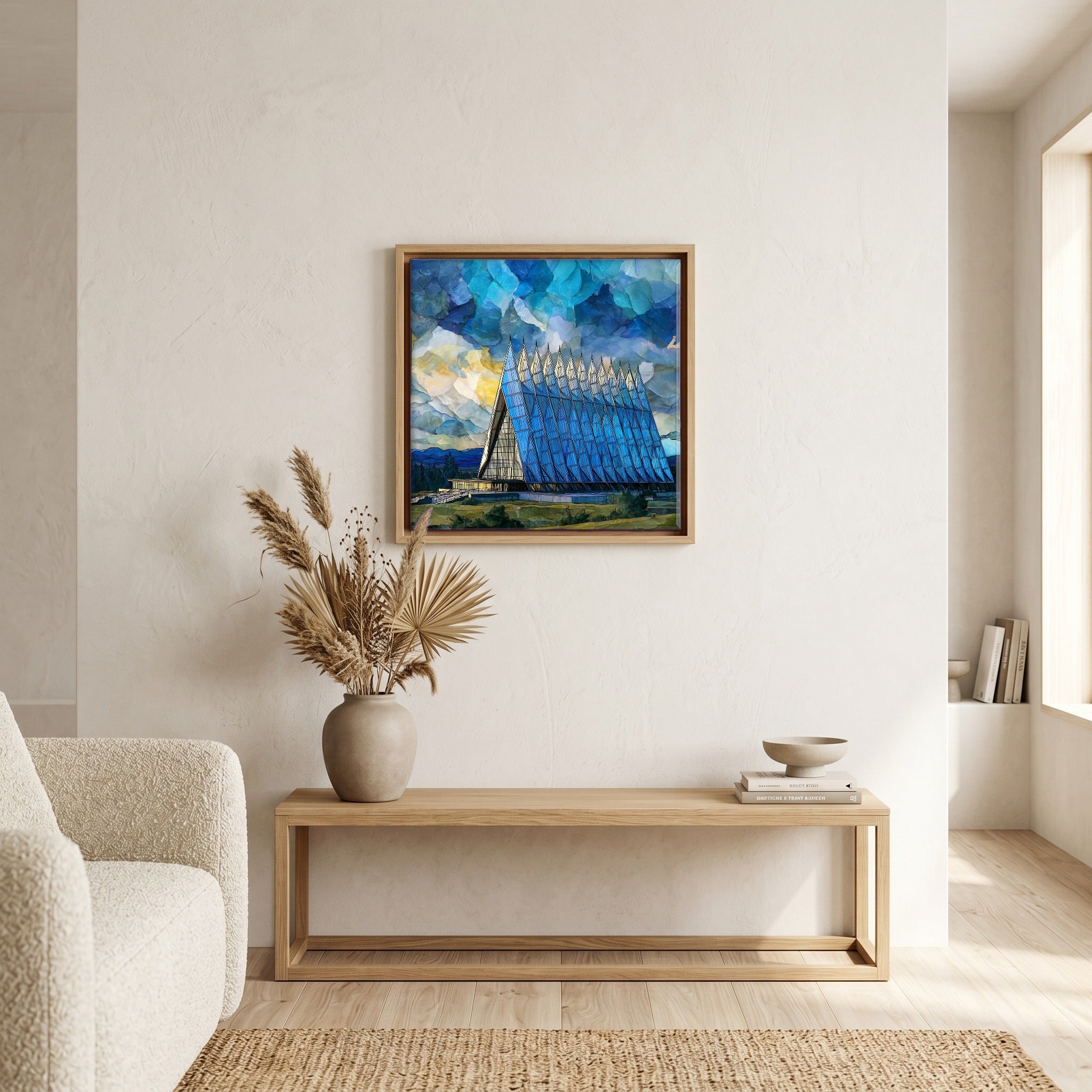 In the living room, above the sofa.