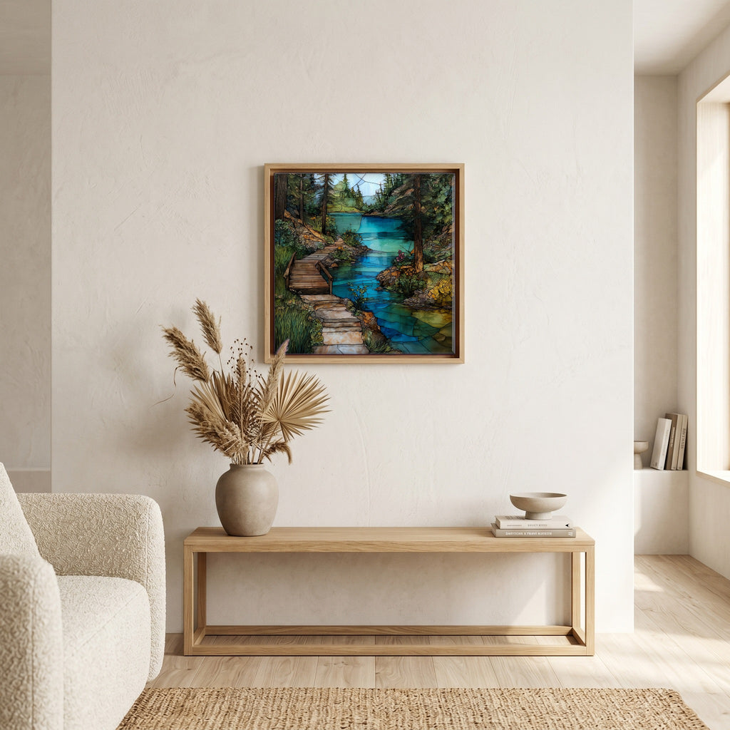 In the living room, above the sofa.