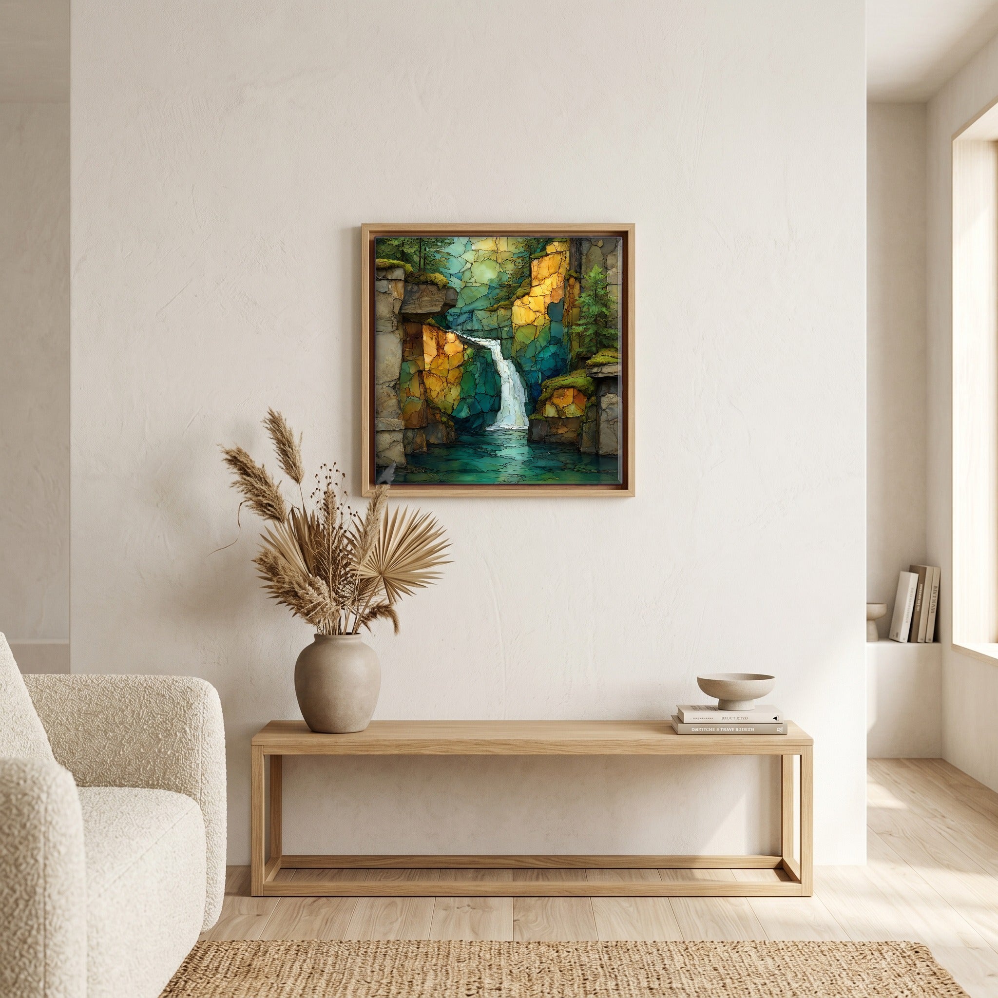 In the living room, above the sofa.