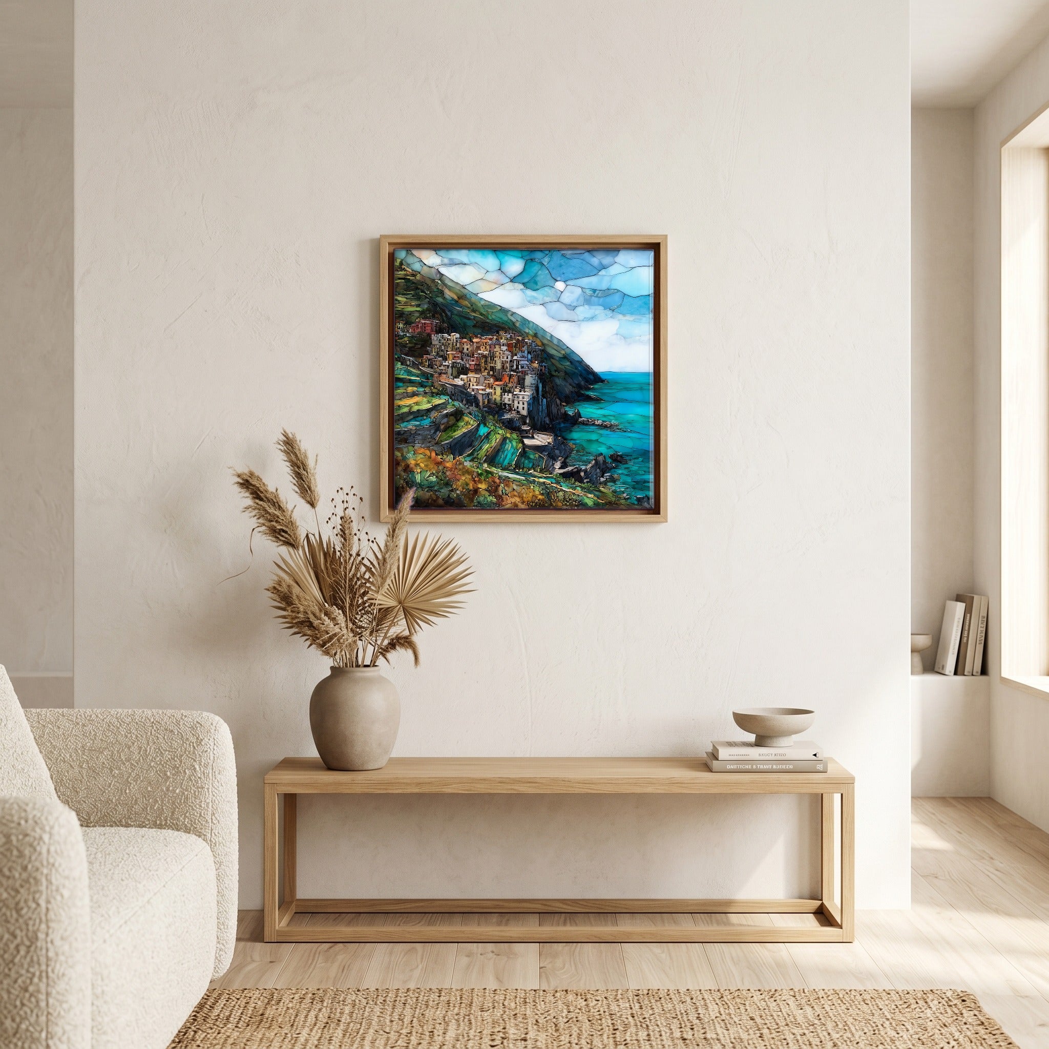 Above the bench, in a warm oak surround.