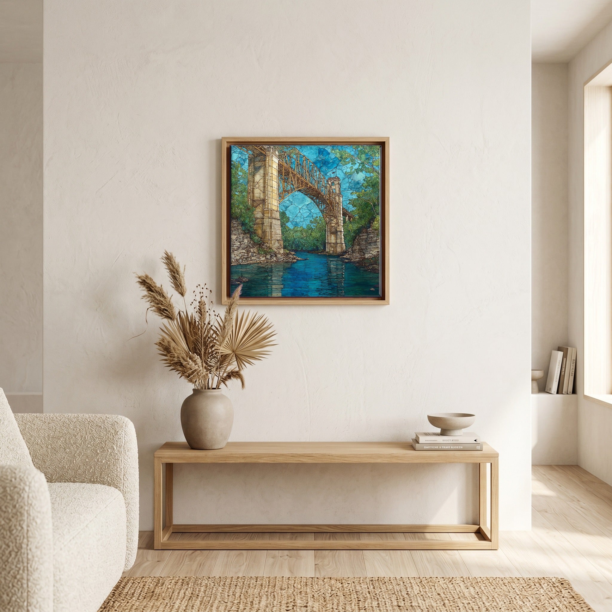 In the living room, above the sofa.