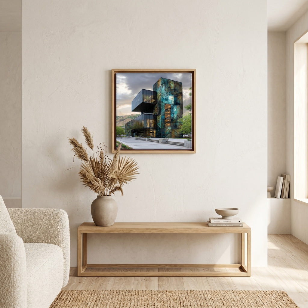 In the living room, above the sofa.