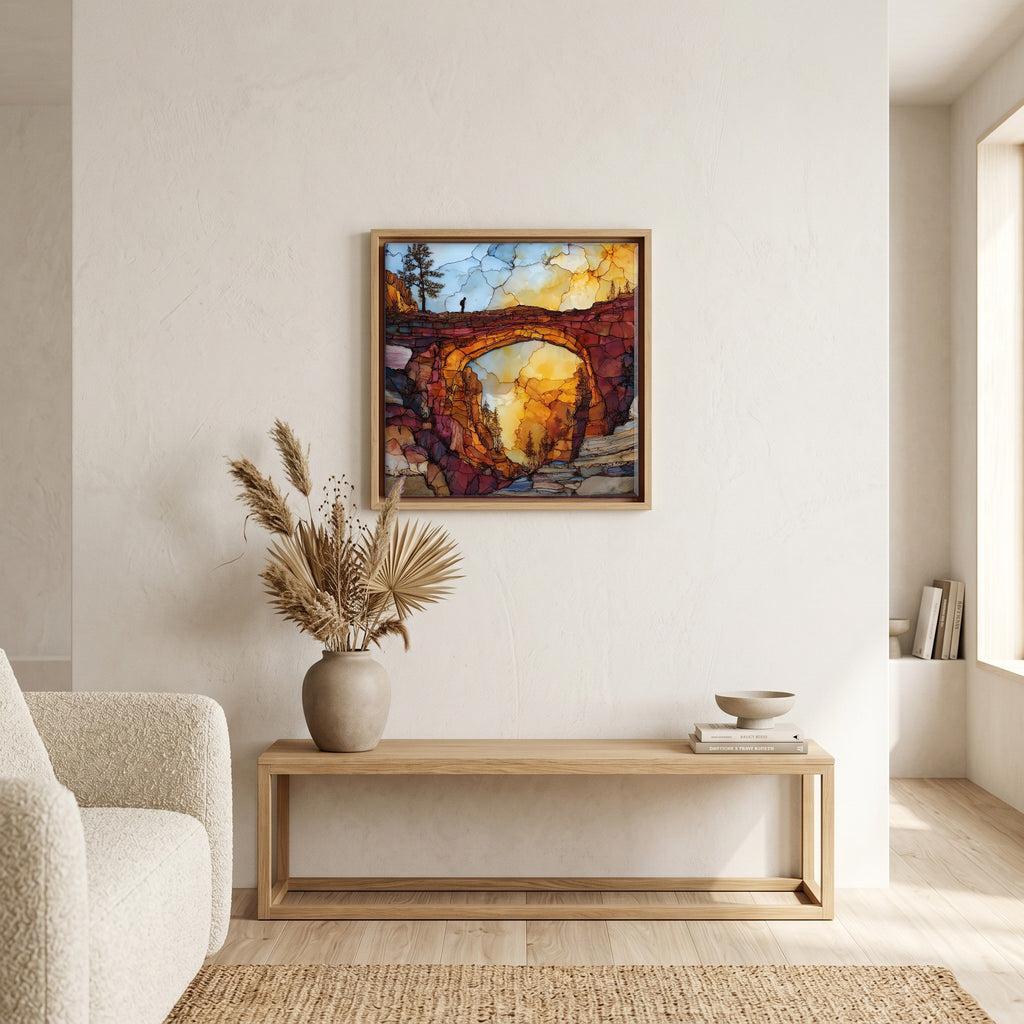 In the living room, above the sofa.