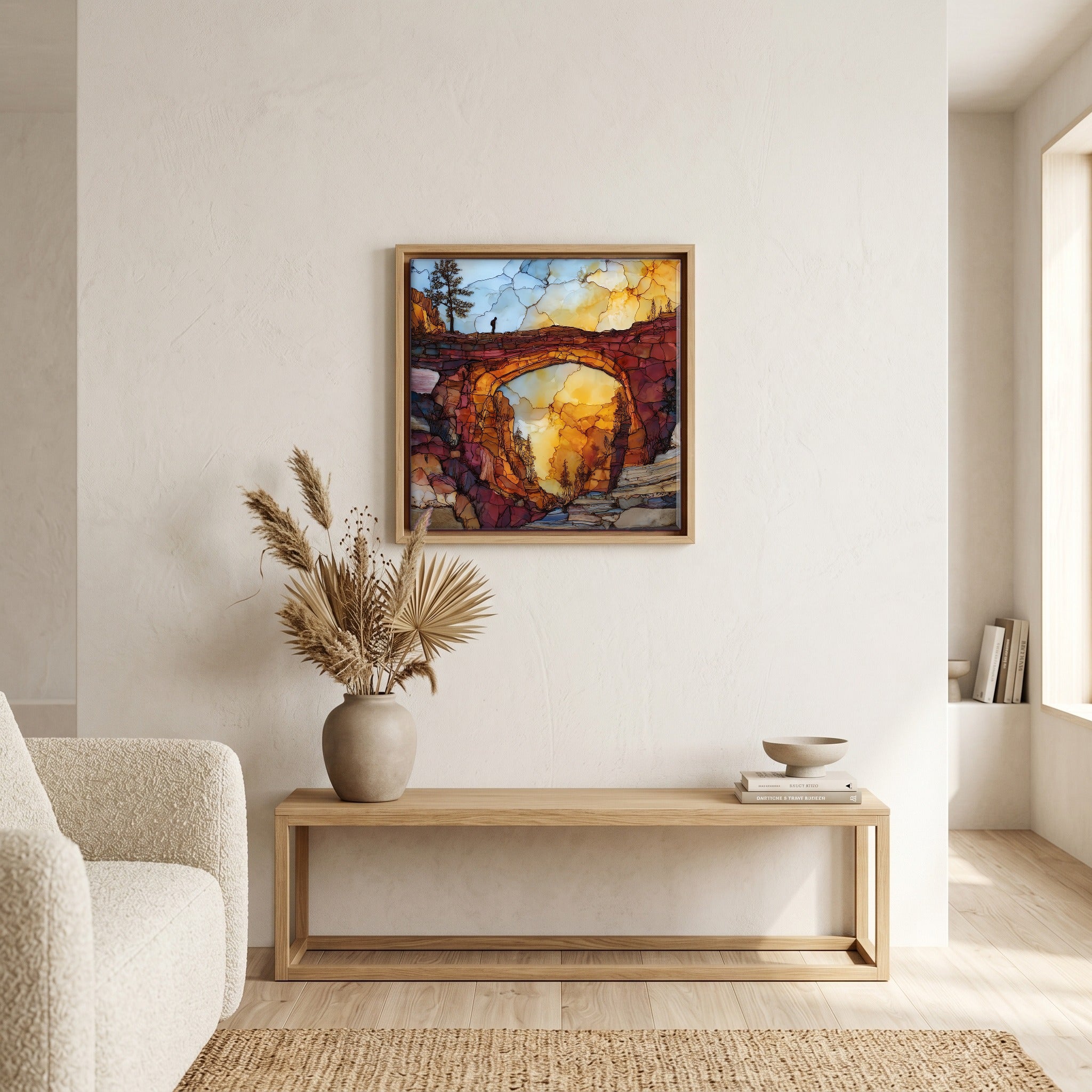 In the living room, above the sofa.