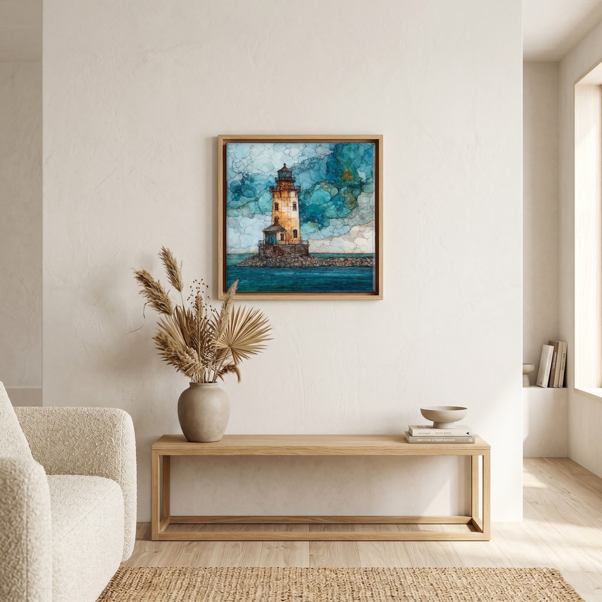 In the living room, above the sofa.