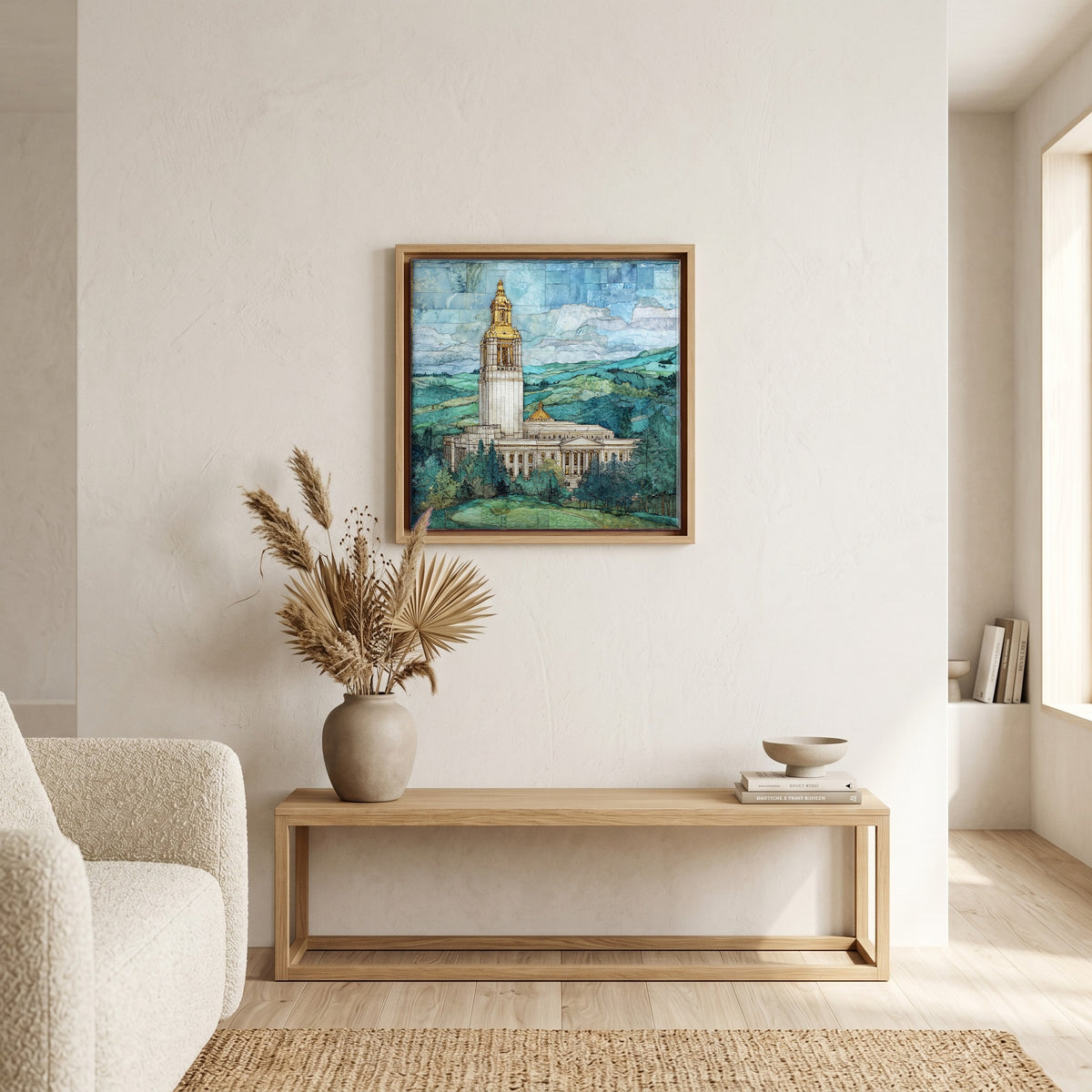 In the living room, above the sofa.