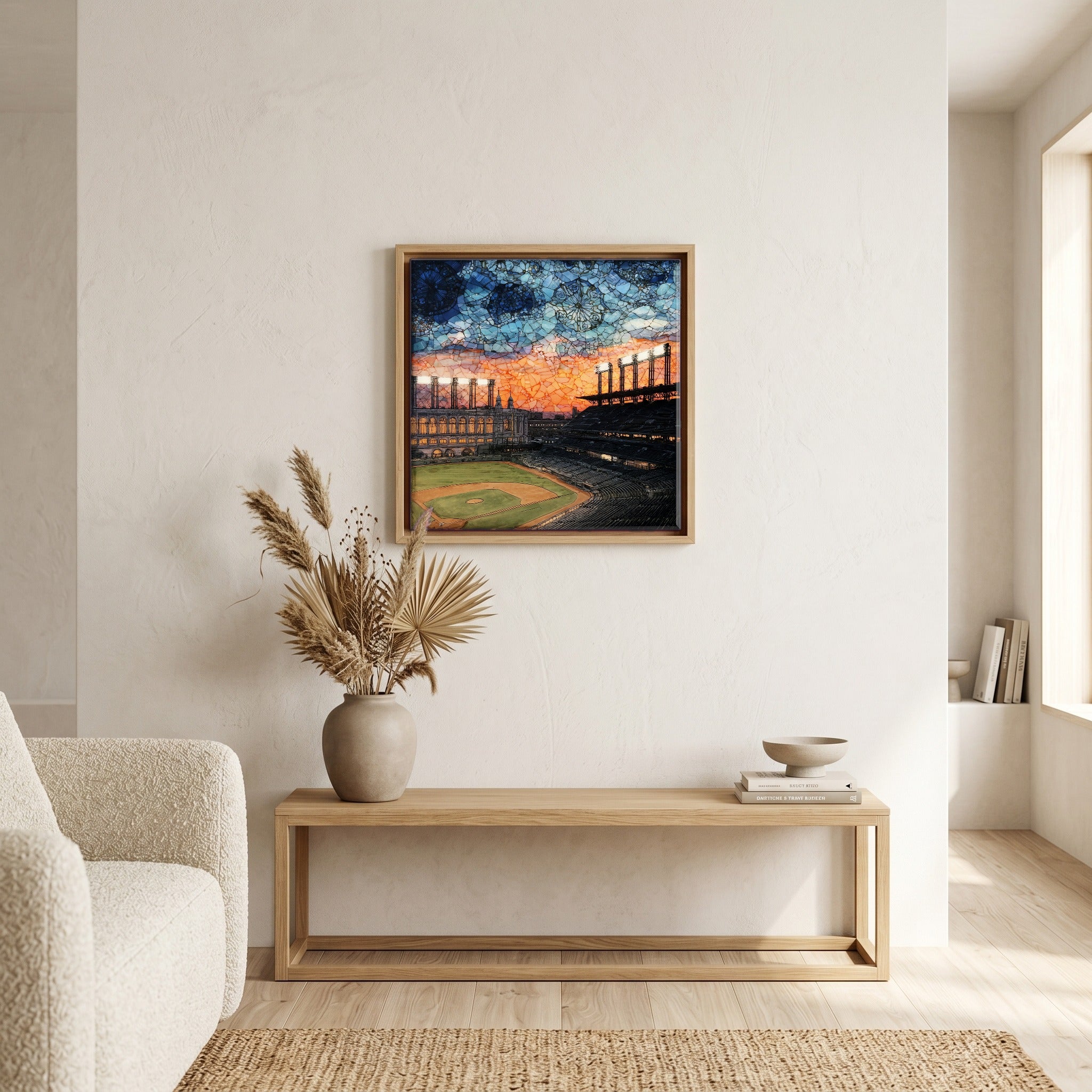 In the living room, above the sofa.