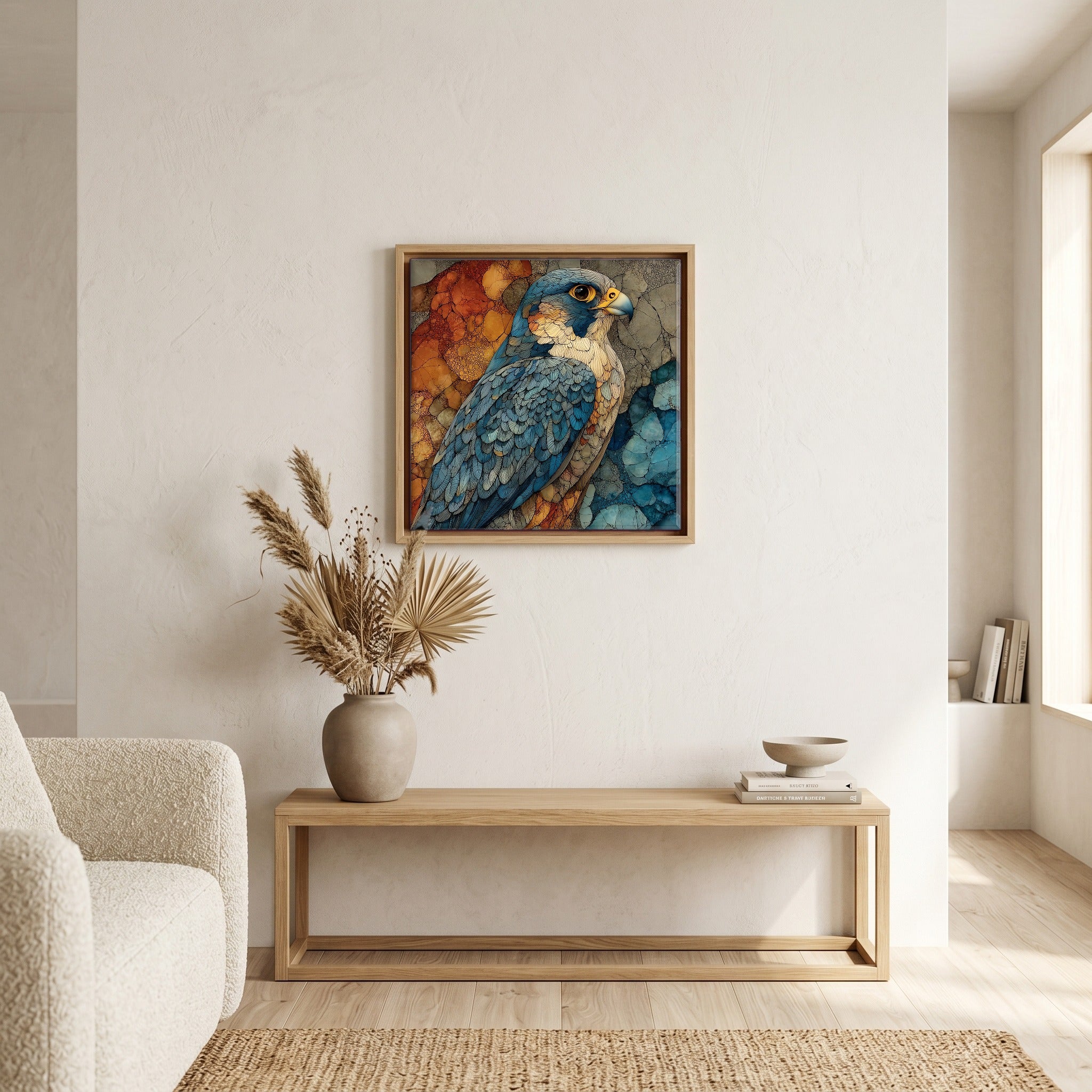 In the living room, above the sofa.