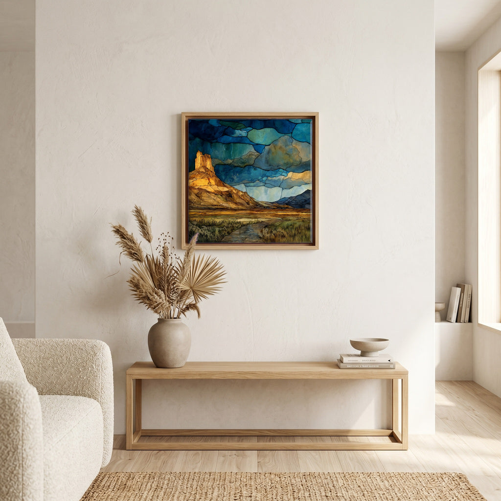 In the living room, above the sofa.