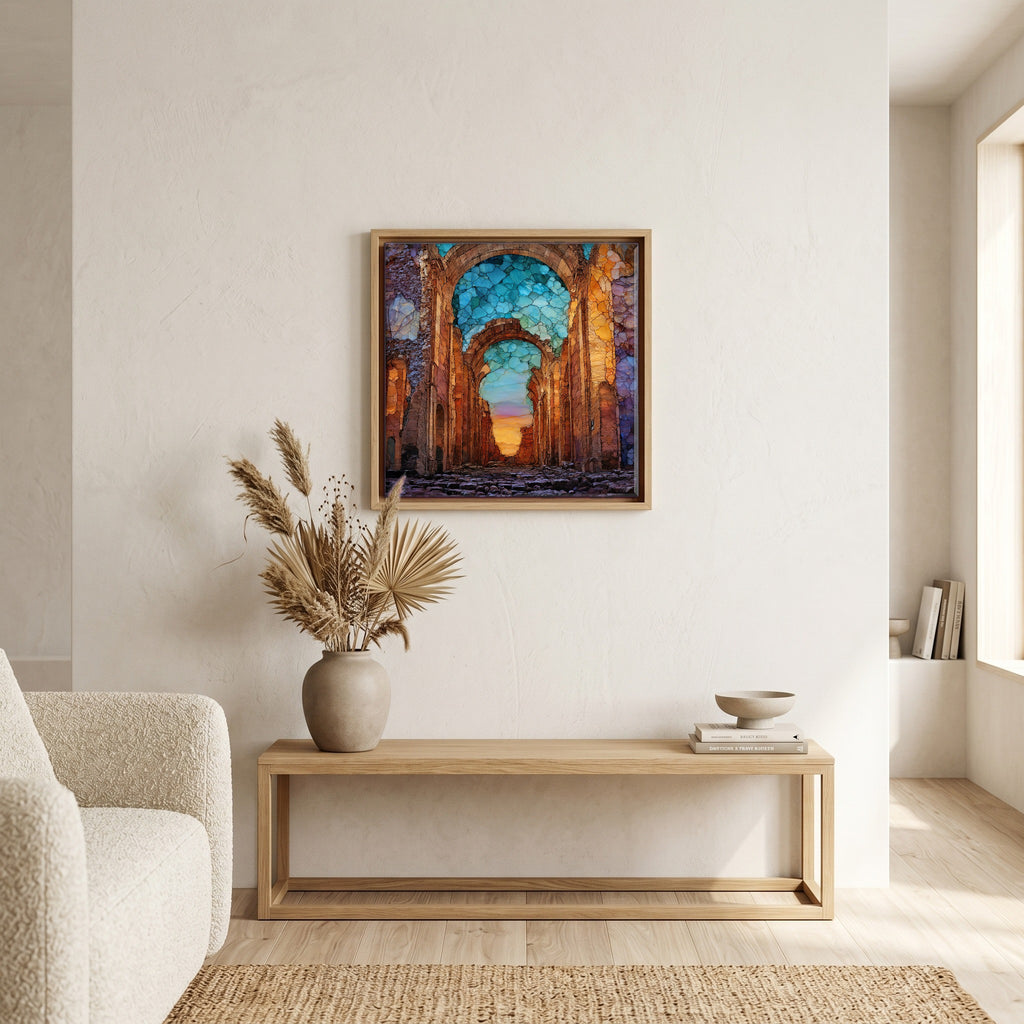 Above the bench, in a warm oak surround.