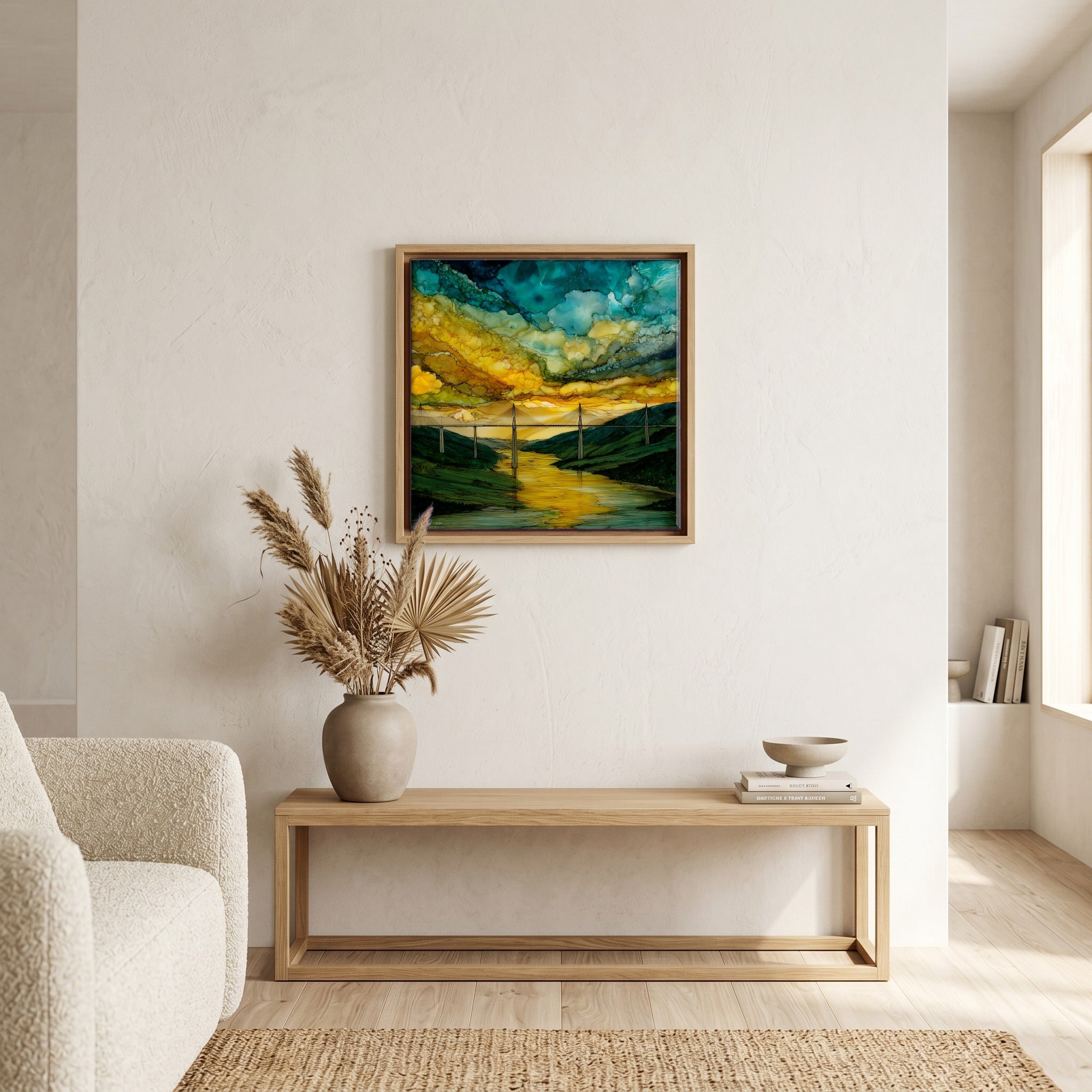 Above the bench, in a warm oak surround.