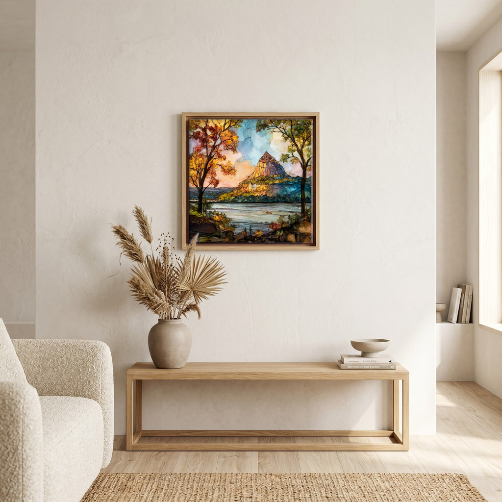In the living room, above the sofa.