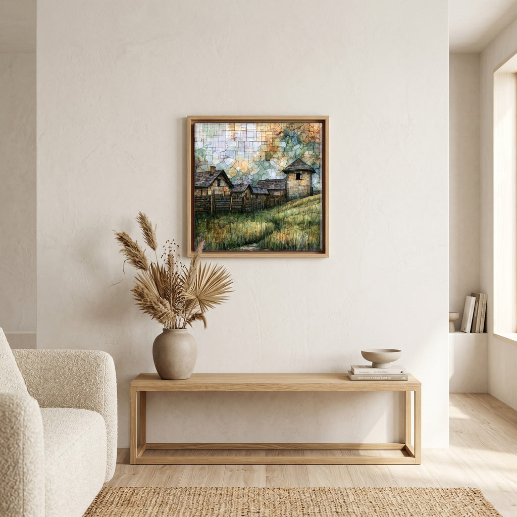 In the living room, above the sofa.