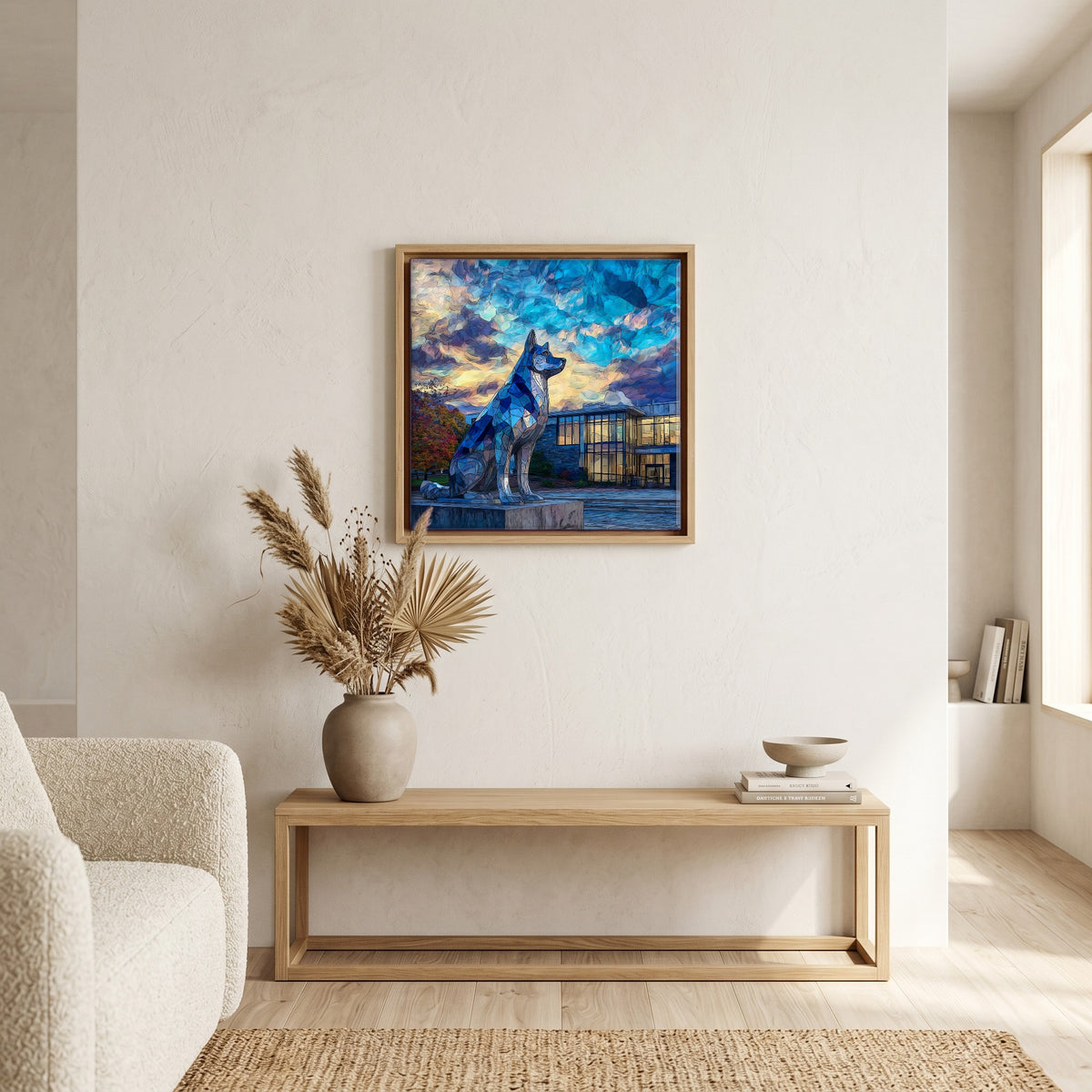 In the living room, above the sofa.