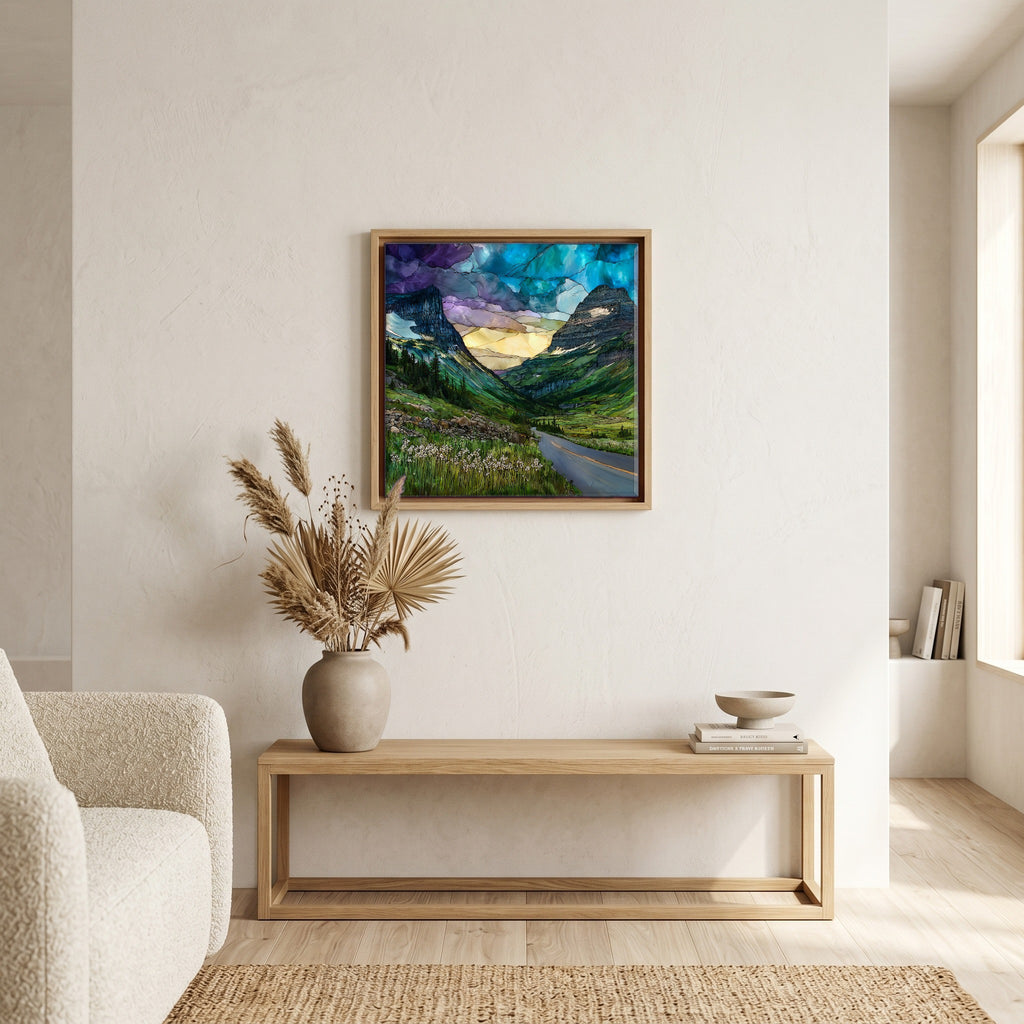 In the living room, above the sofa.