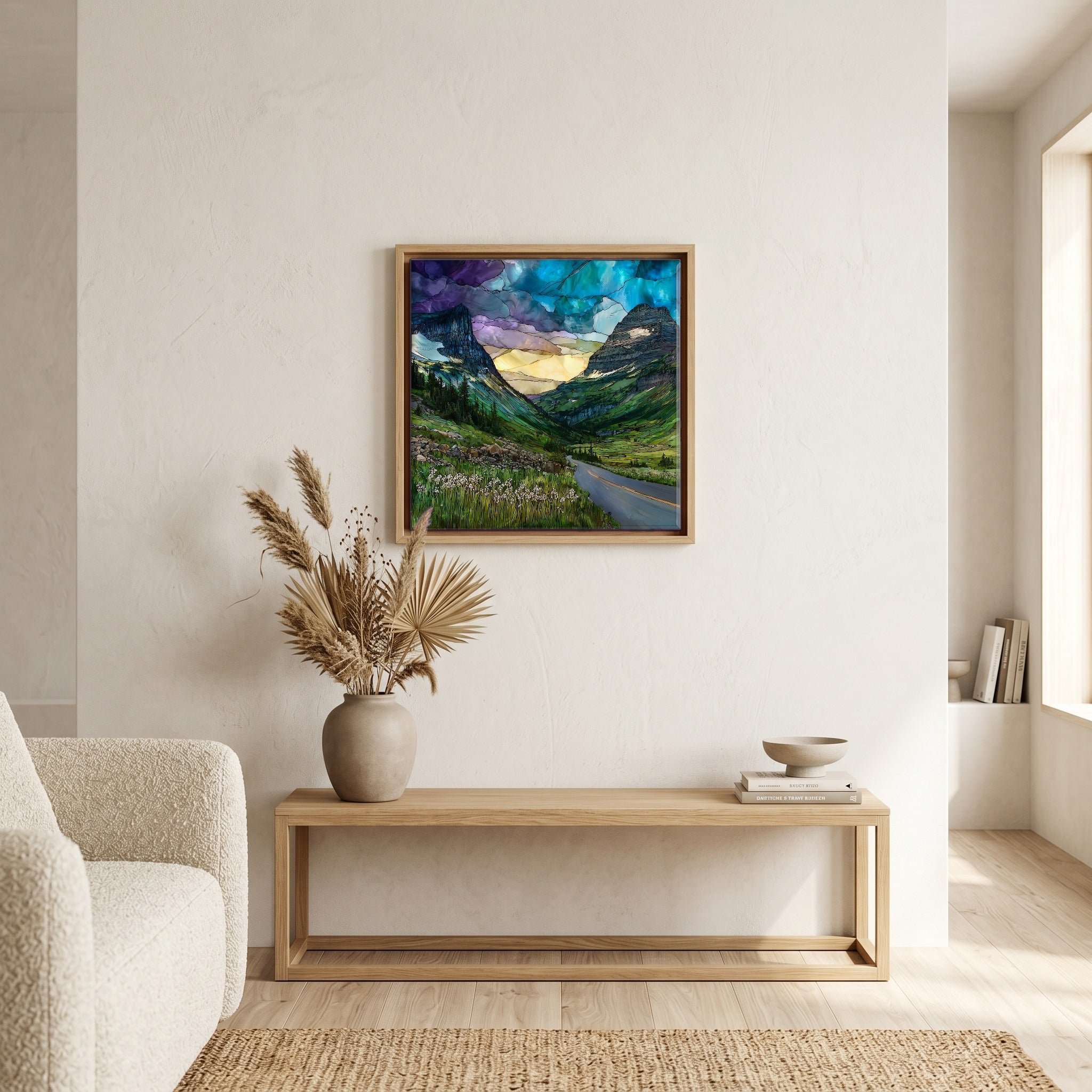 In the living room, above the sofa.