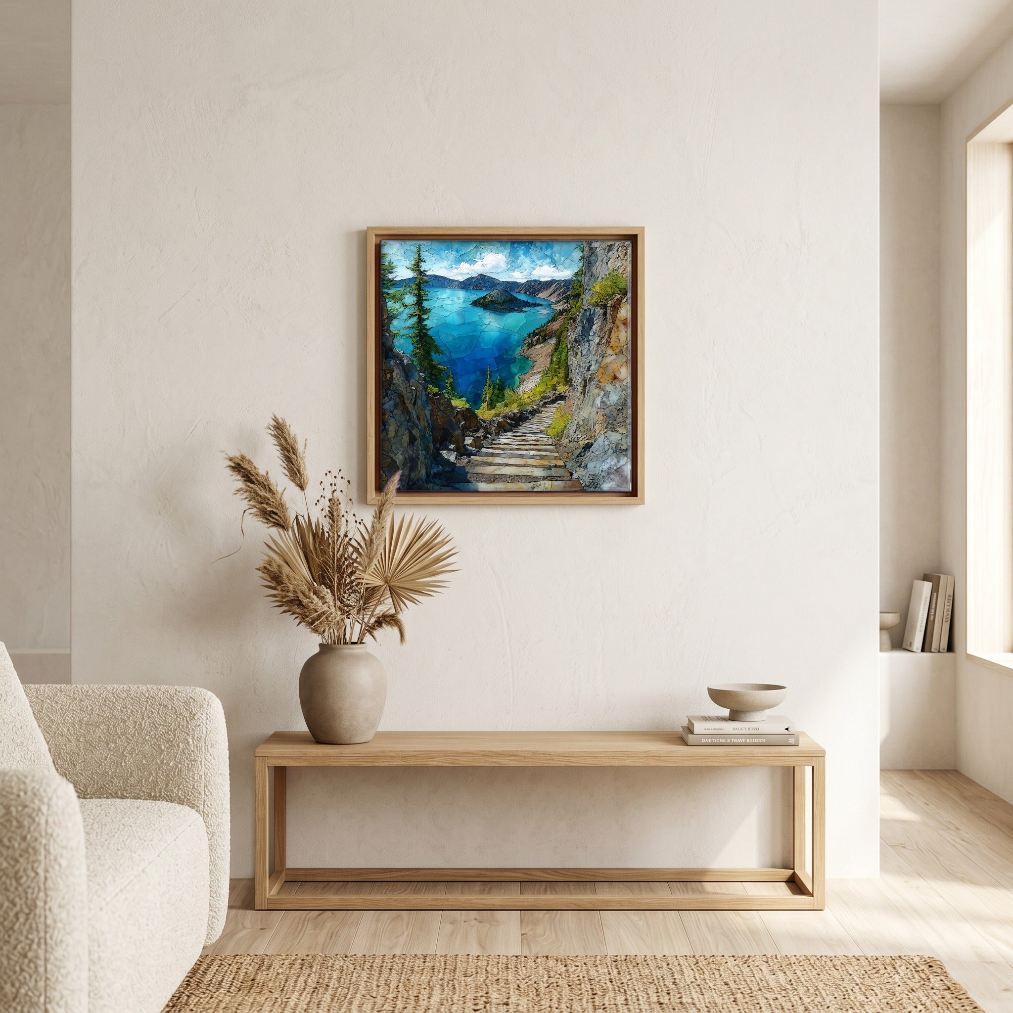 In the living room, above the sofa.
