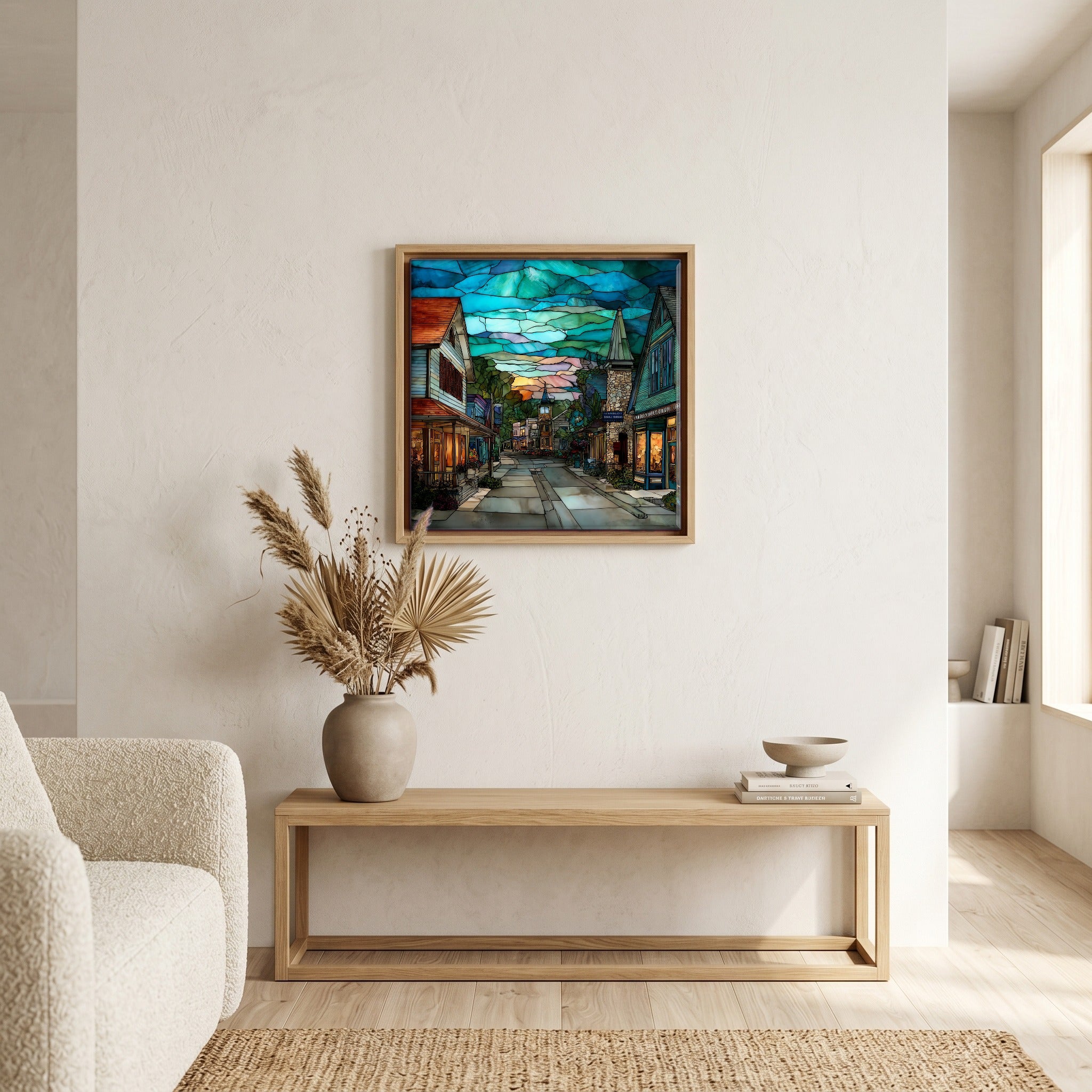 In the living room, above the sofa.