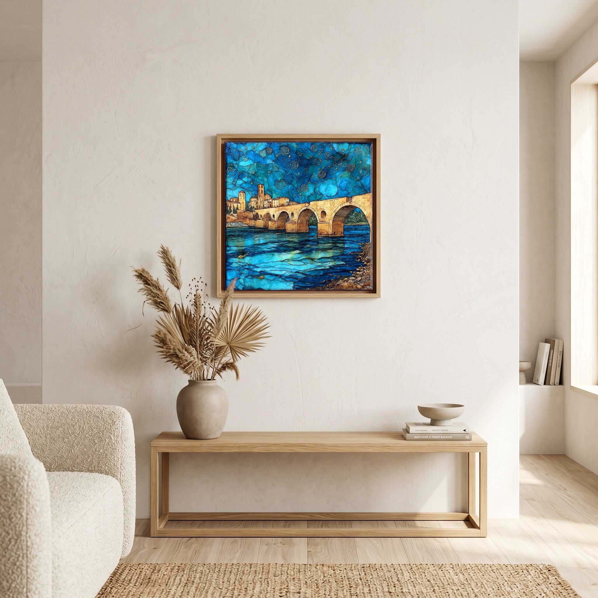 Above the bench, in a warm oak surround.