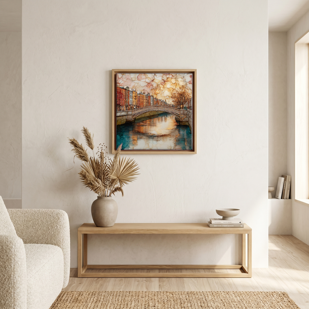 Above the bench, in a warm oak surround.