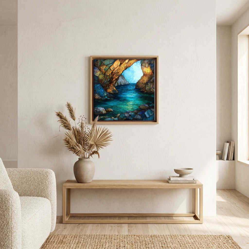 In the living room, above the sofa.